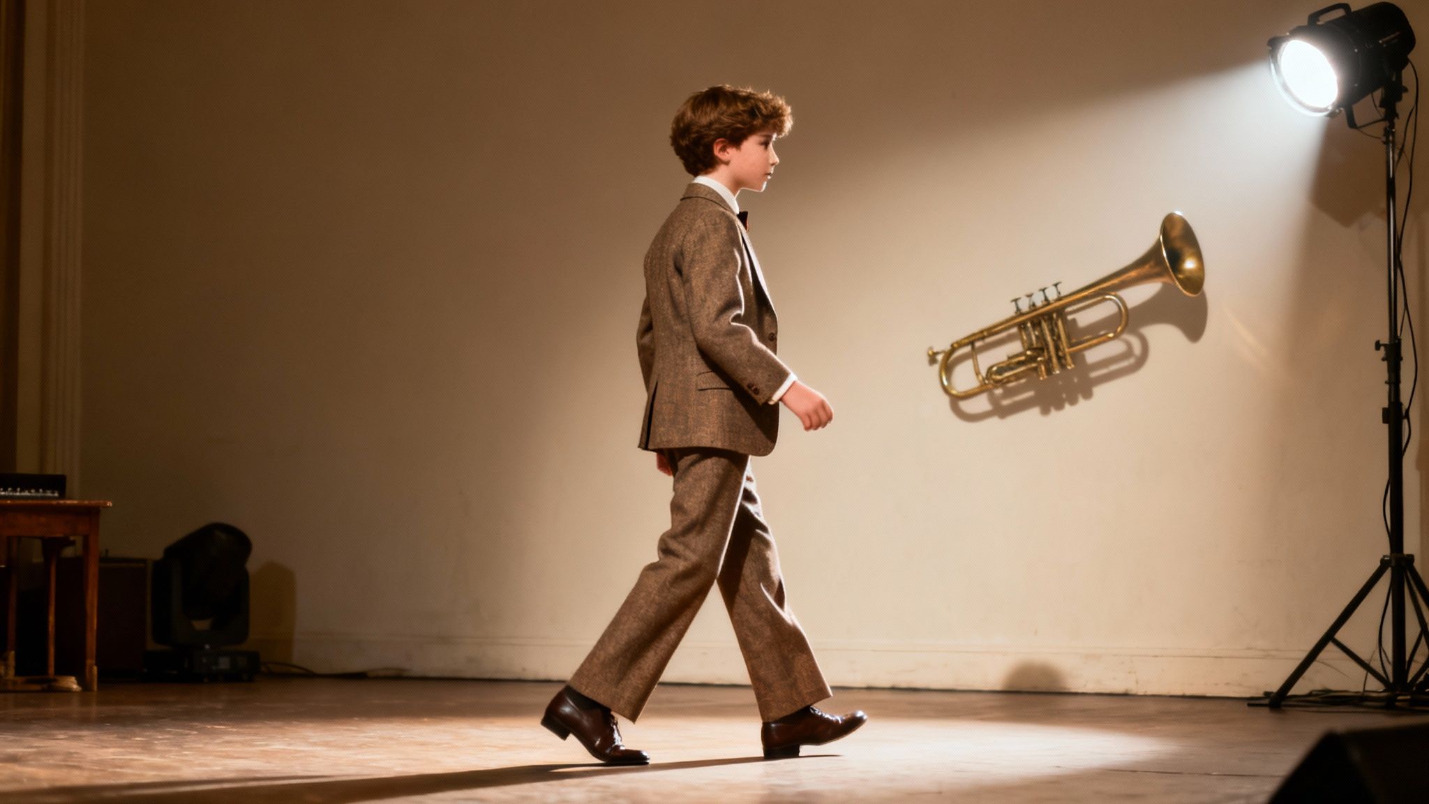 A young boy in a tweed suit walks across a stage, illuminated by a spotlight, with a trumpet on the wall.