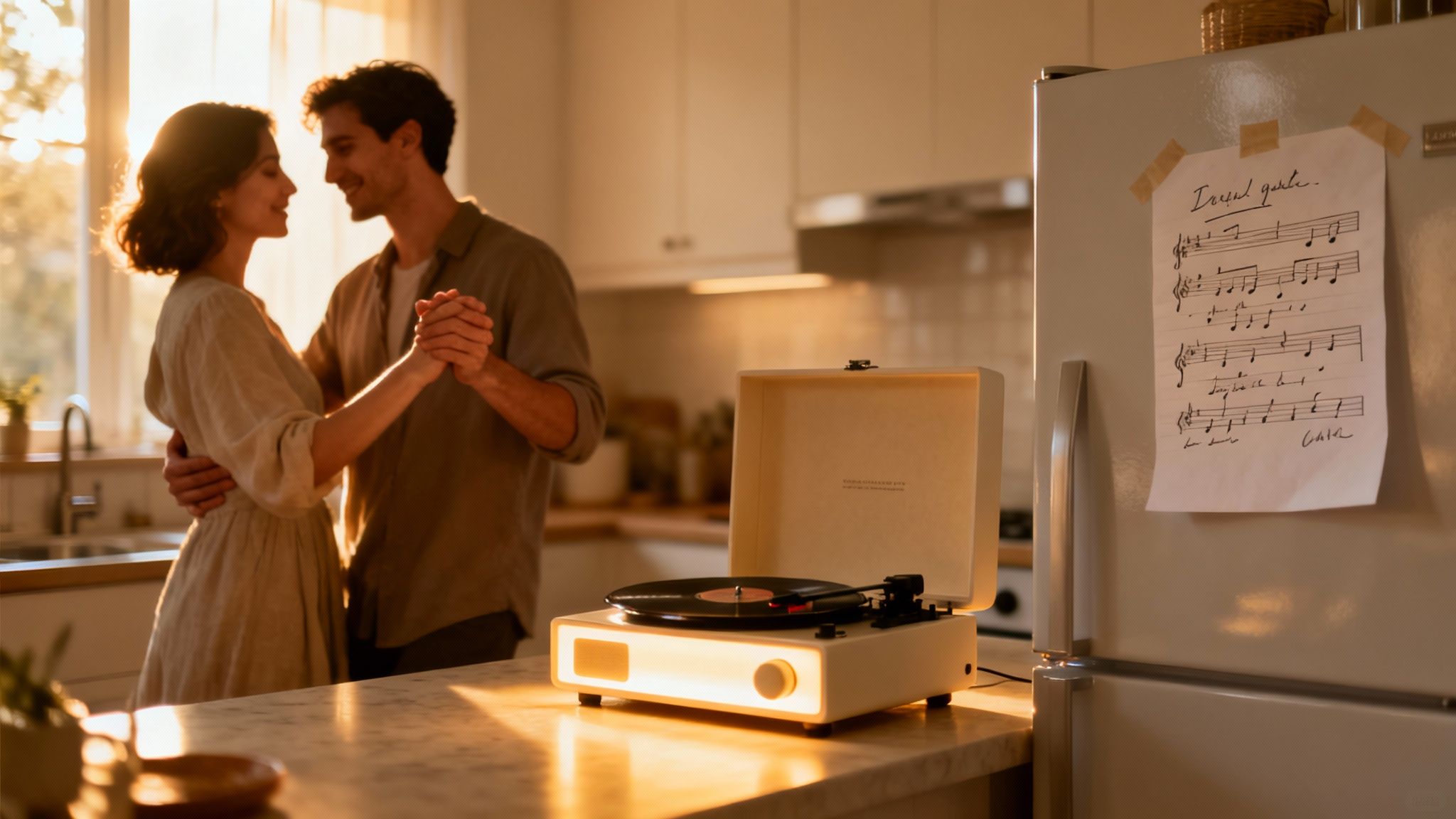 Un couple heureux sourit et danse dans une cuisine chaleureuse et ensoleillée, avec un tourne-disque.