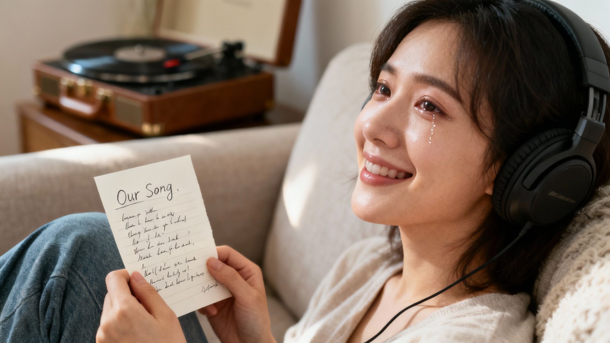 Une femme portant des écouteurs, souriante et en larmes, tient une pancarte intitulée « Notre chanson » tout en écoutant de la musique.