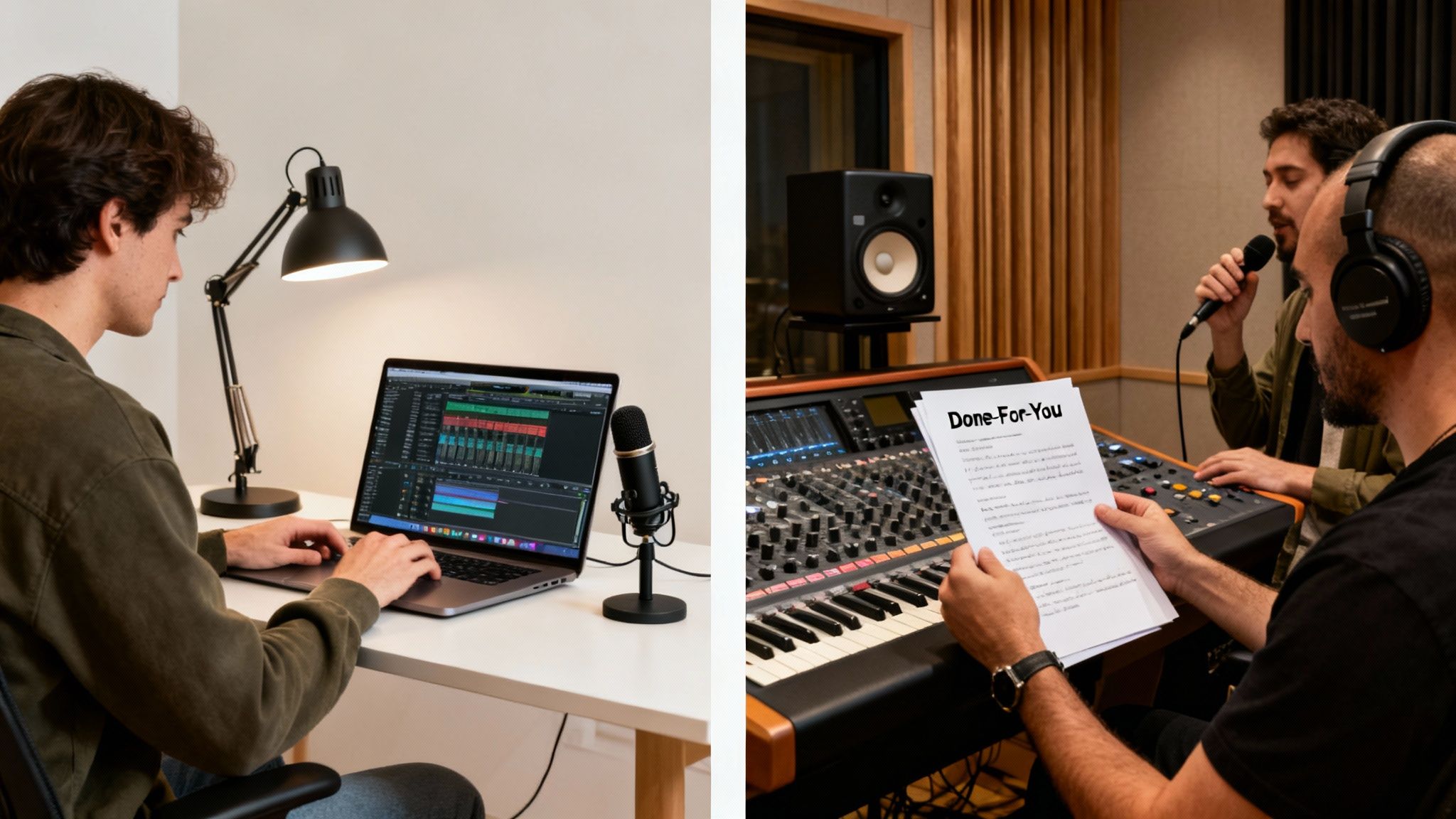 Two scenes: a person editing audio on a laptop, and musicians recording lyrics in a professional studio.