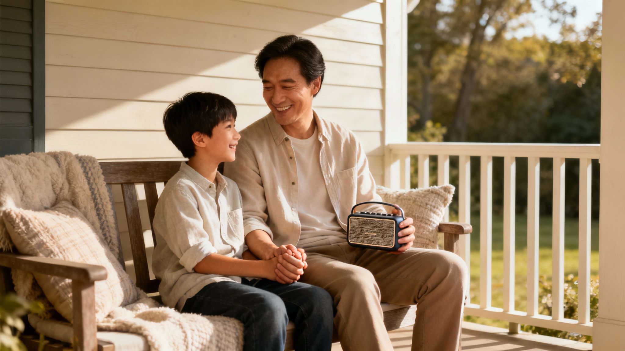 A father and son sharing a happy moment together, symbolizing the bond a personalized song can capture.