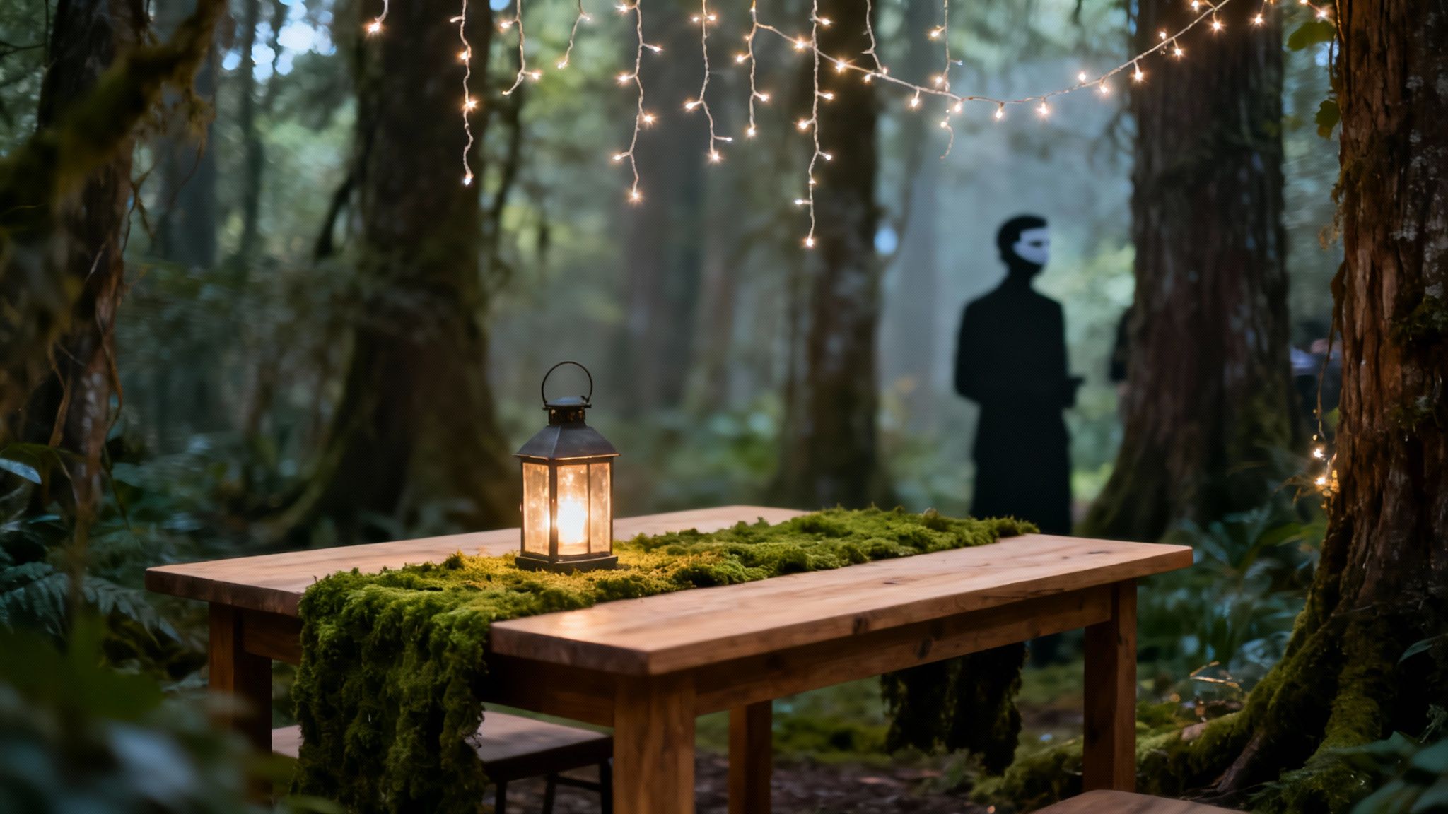 Enchanted forest wedding reception setup with moss-covered table, lantern, and string lights among trees