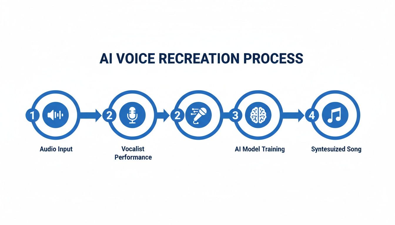 Flowchart illustrating the four-step AI voice recreation process from audio input to synthesized song.