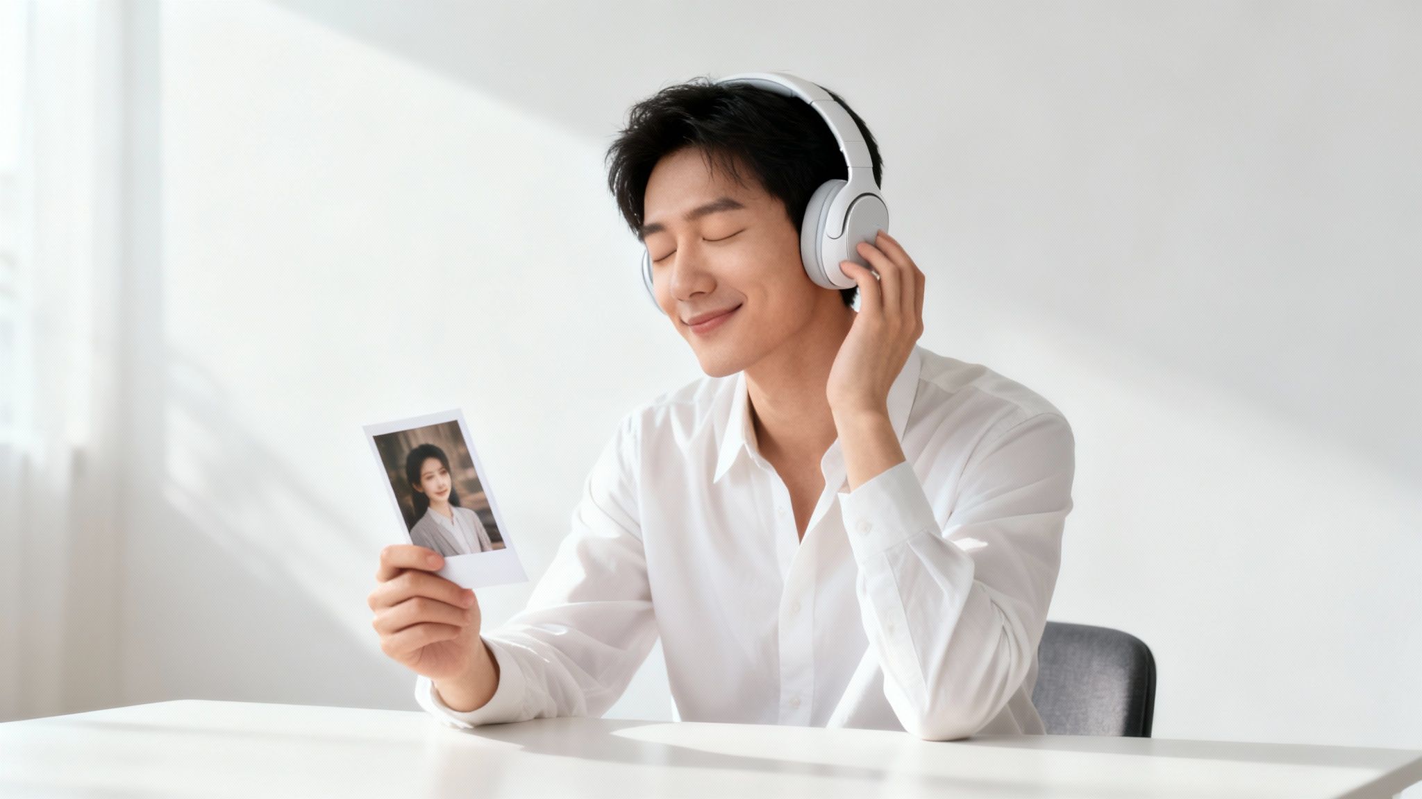 A smiling man with white headphones listens to music, holding a photograph of a woman.