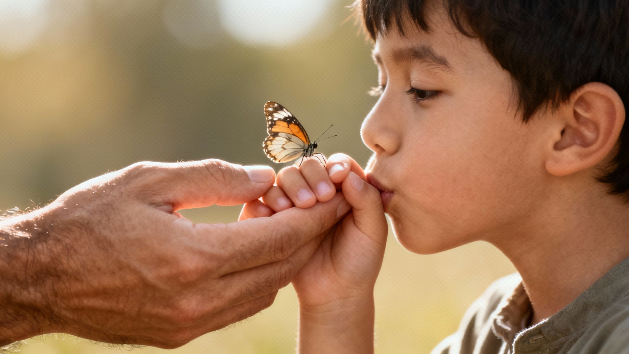 Un jeune garçon embrasse tendrement la main d'un adulte, sur laquelle repose paisiblement un papillon aux couleurs éclatantes.