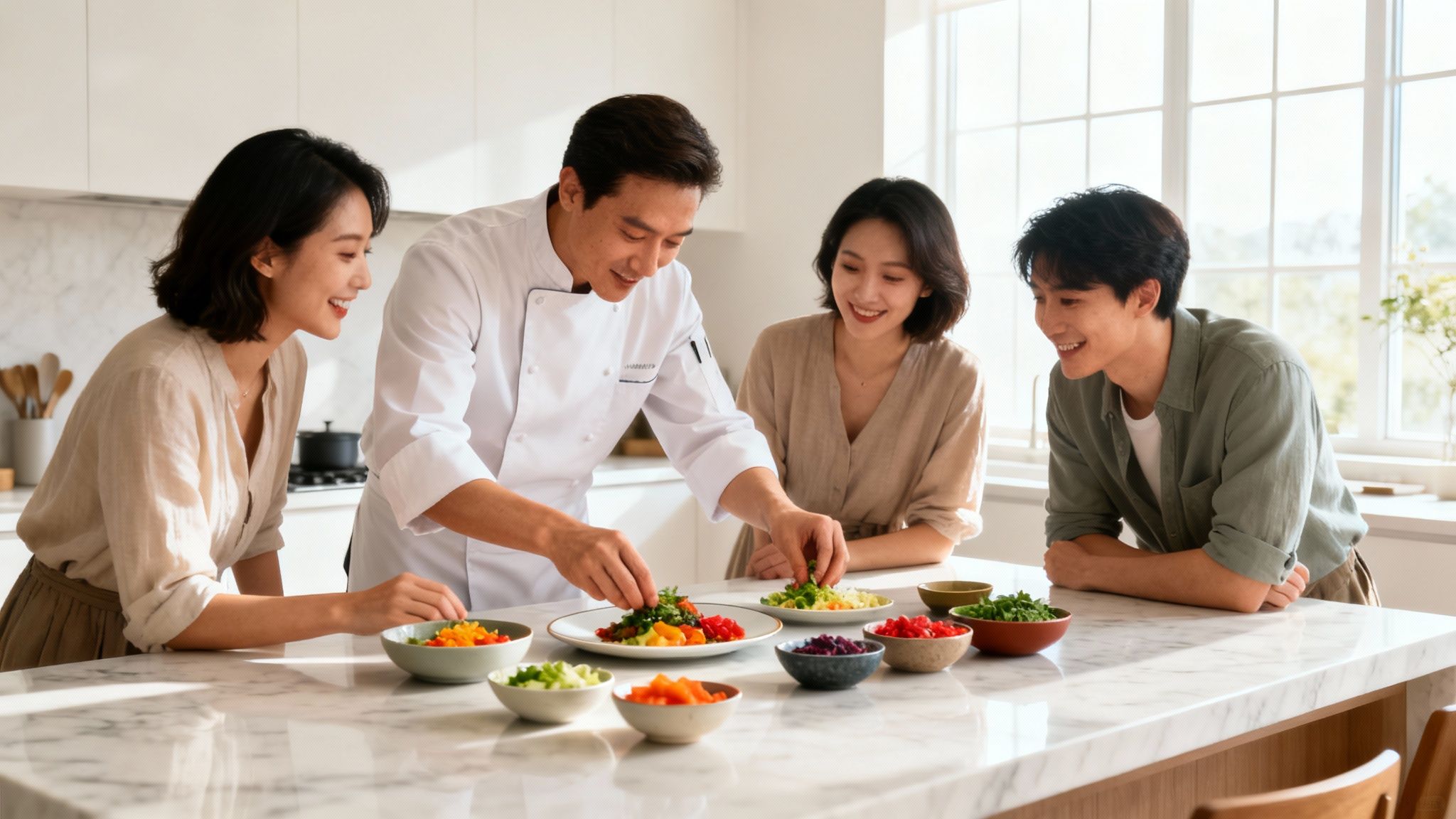 A professional chef demonstrates food preparation to three smiling people in a bright modern kitchen.