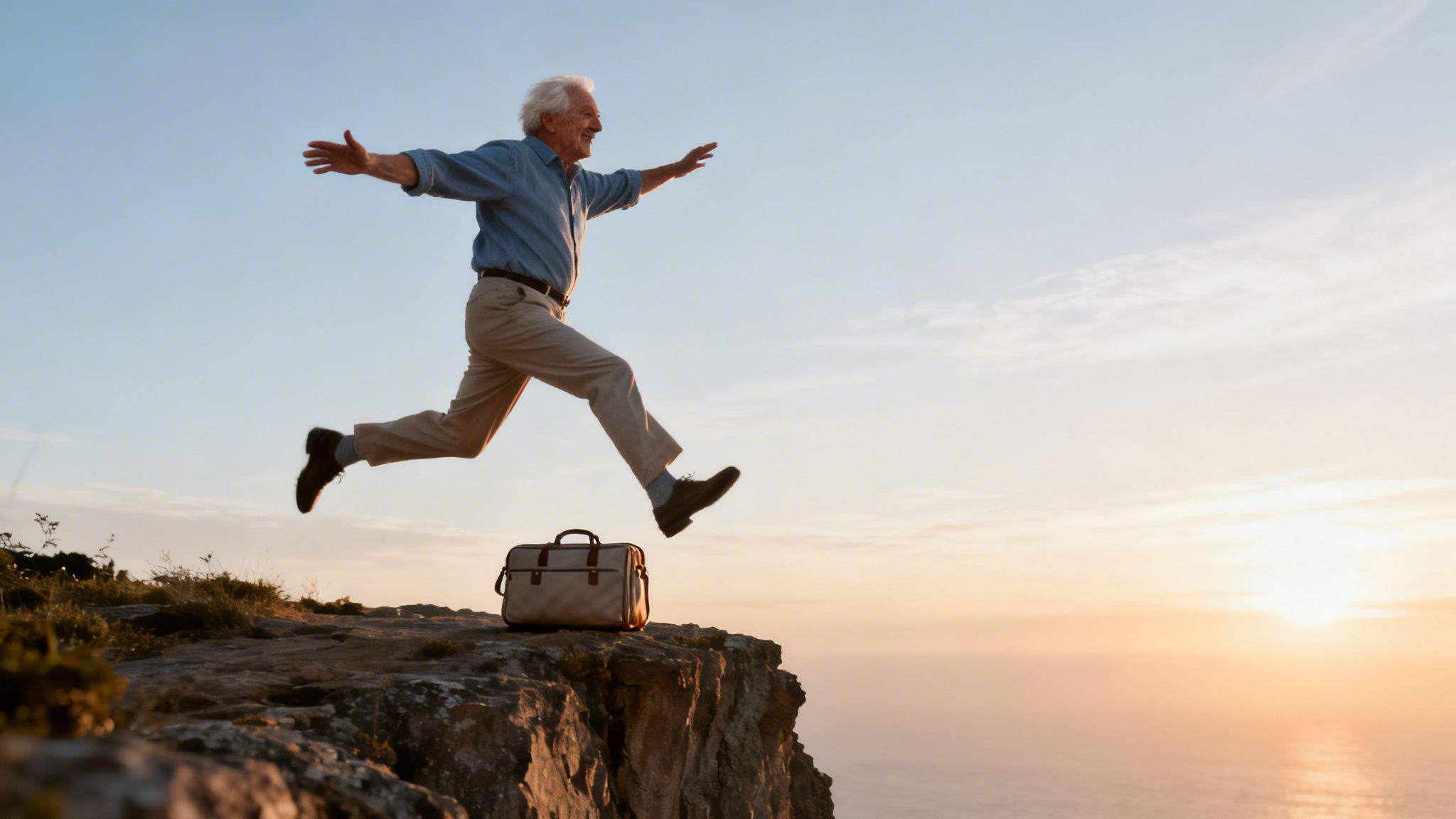 Ein älterer Mann springt freudig mit ausgebreiteten Armen von einer Klippe und lässt bei Sonnenuntergang einen Aktenkoffer zurück.