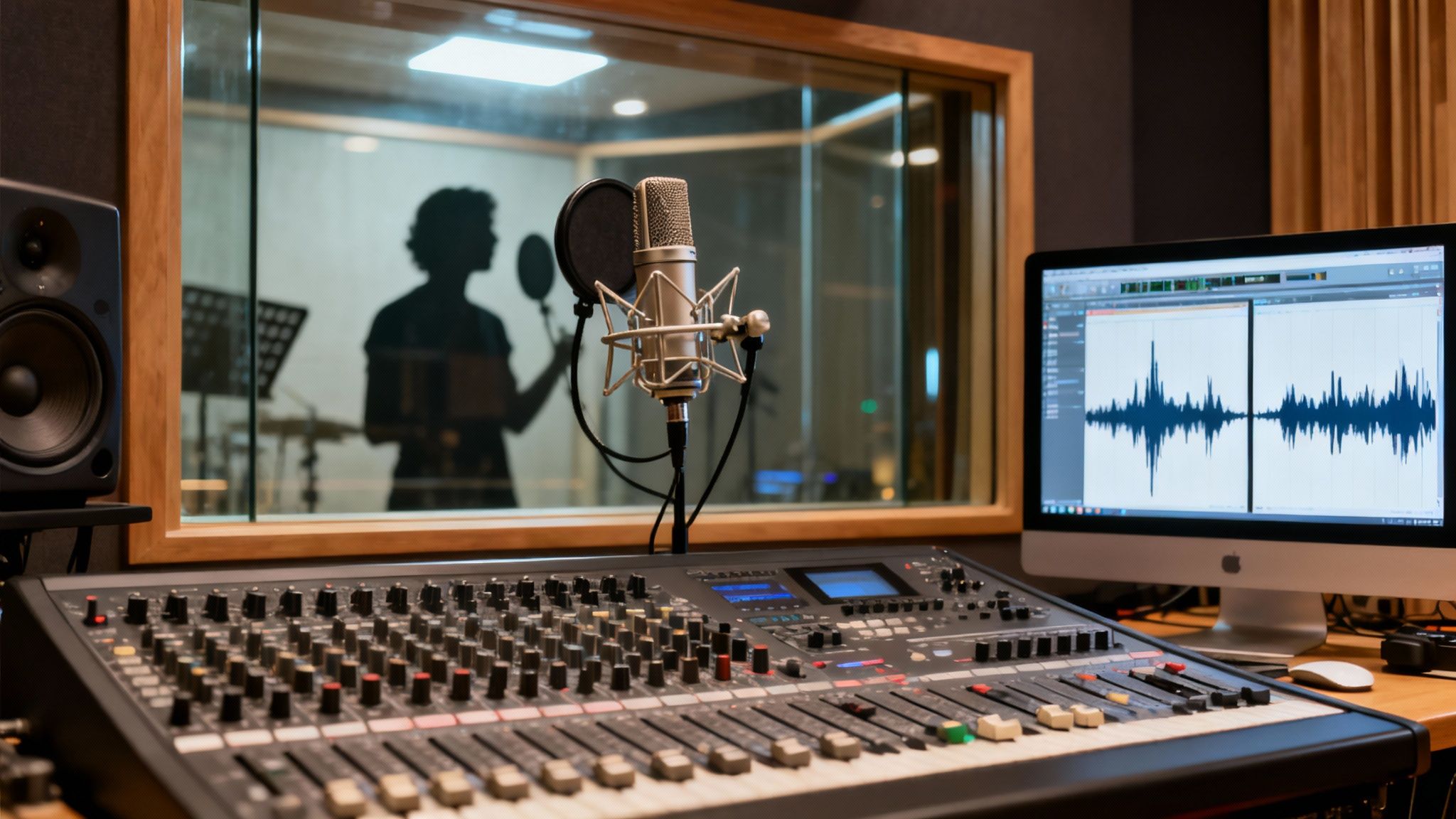 Un studio d'enregistrement moderne montrant une console de mixage, un microphone, un ordinateur affichant les formes d'onde audio et la silhouette d'un chanteur.