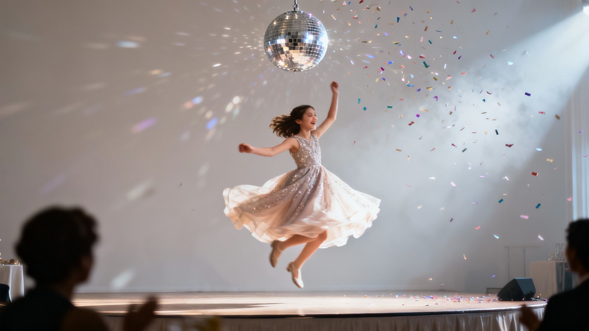 A young girl leaps joyfully on a stage as colorful confetti falls and a disco ball shines.