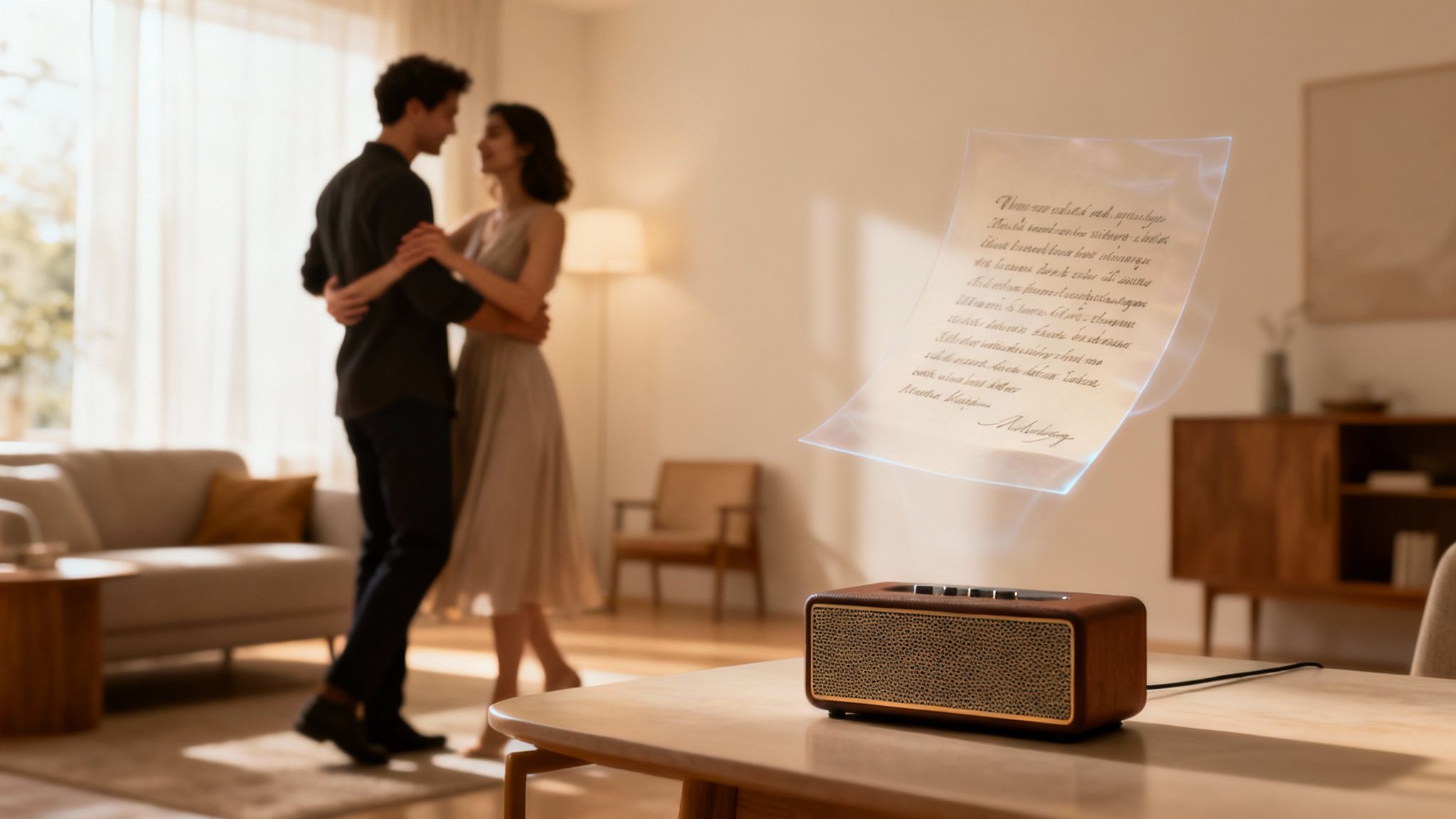 A couple dances in a sunlit living room as a holographic letter projects from a retro speaker, hinting at AI memories.
