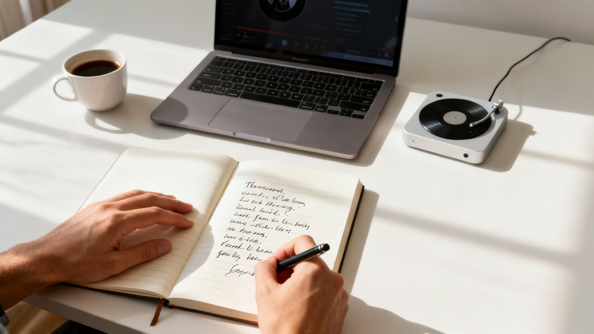 Person writing song lyrics in a notebook on a sunlit desk with a laptop, coffee, and record player.