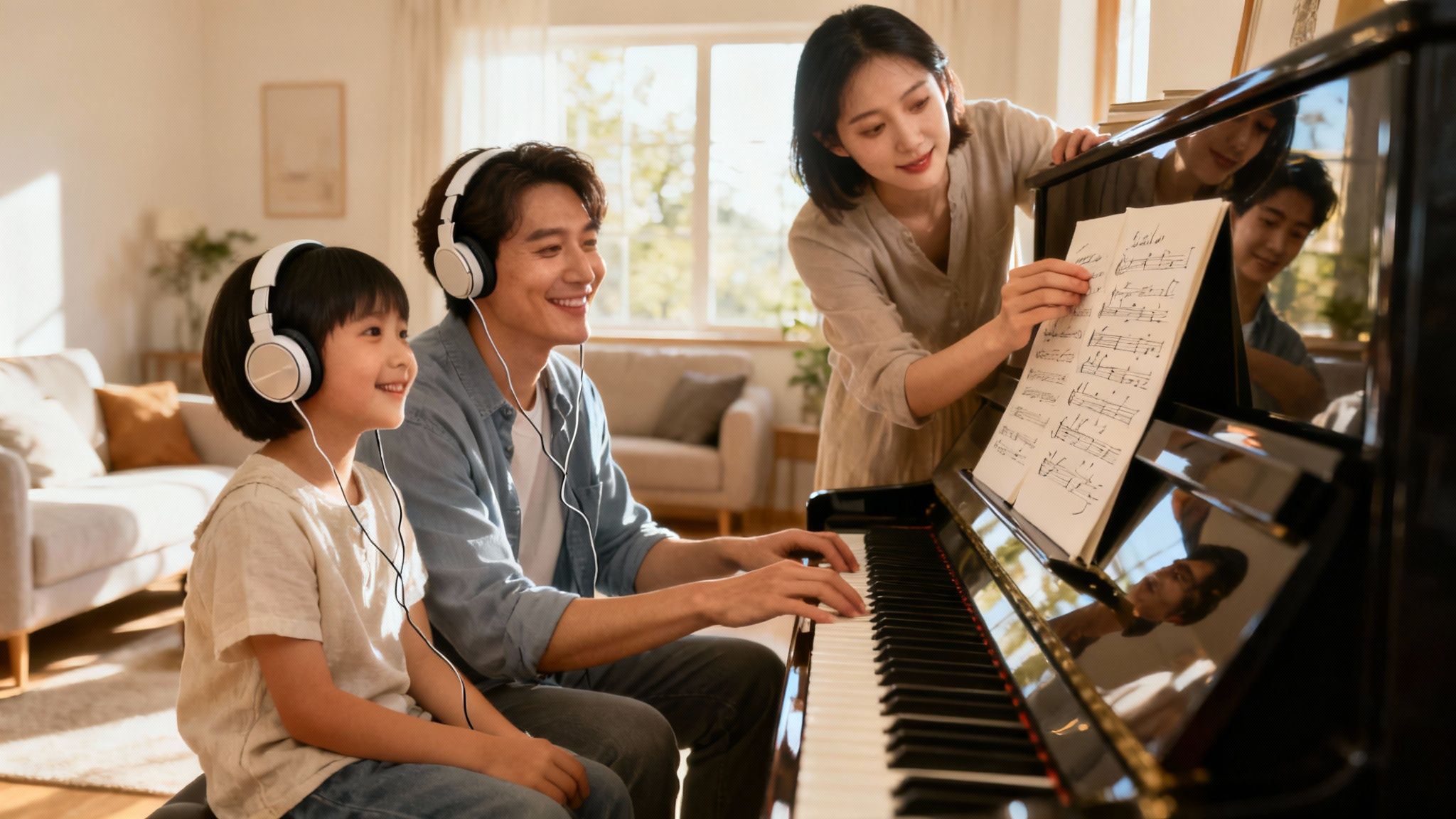 Eine lächelnde Familie mit Kopfhörern genießt zu Hause eine Klavierstunde.