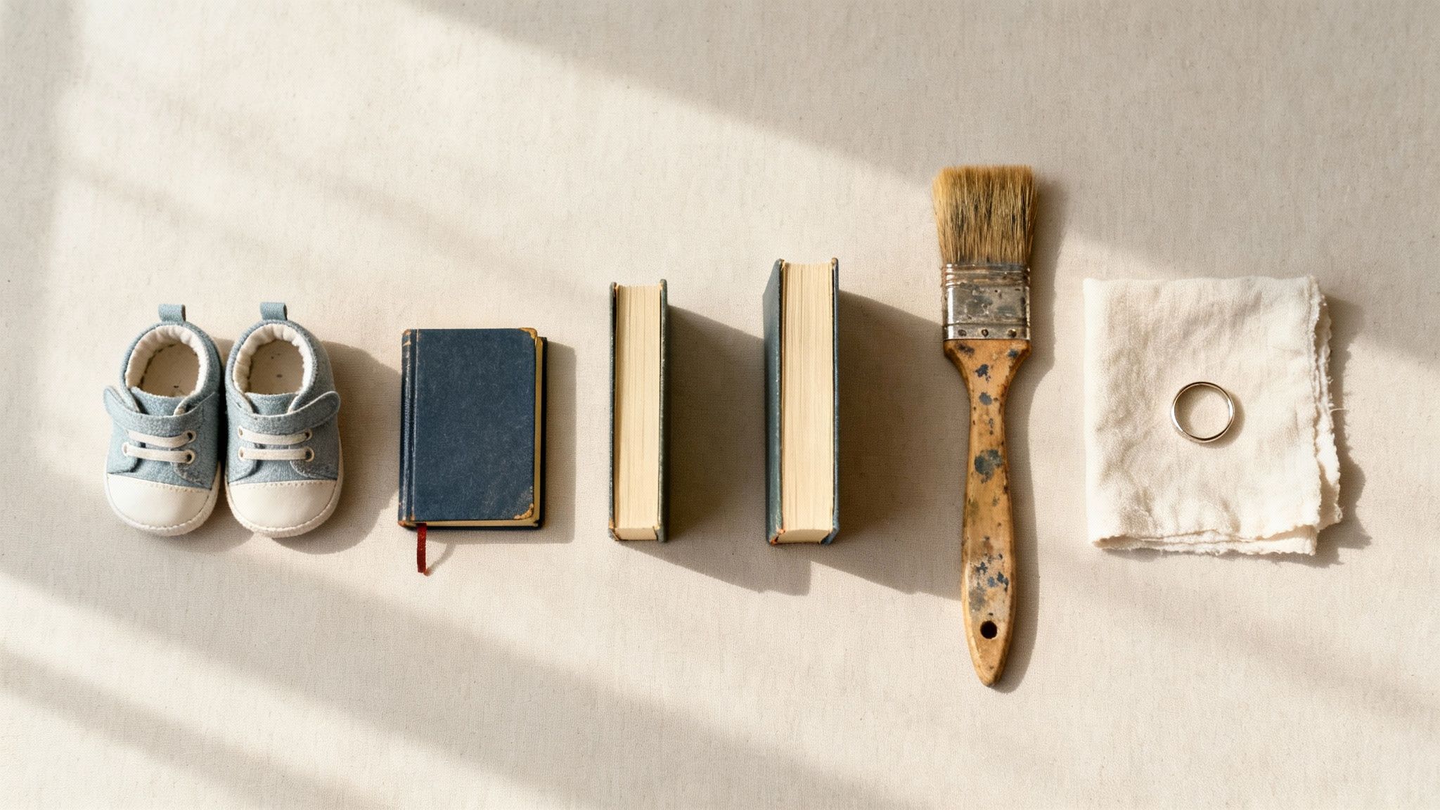 Une composition à plat de chaussures de bébé, de vieux livres, d'un pinceau et d'une bague sur un tissu, symbolisant le parcours de la vie.