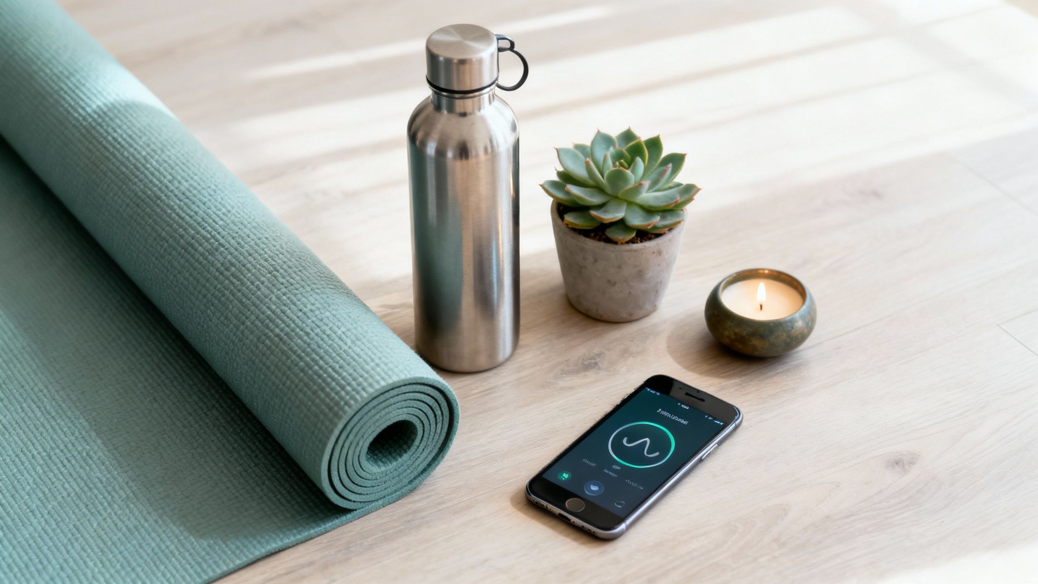 A wellness flat lay with a yoga mat, water bottle, succulent, candle, and phone displaying a fitness app.