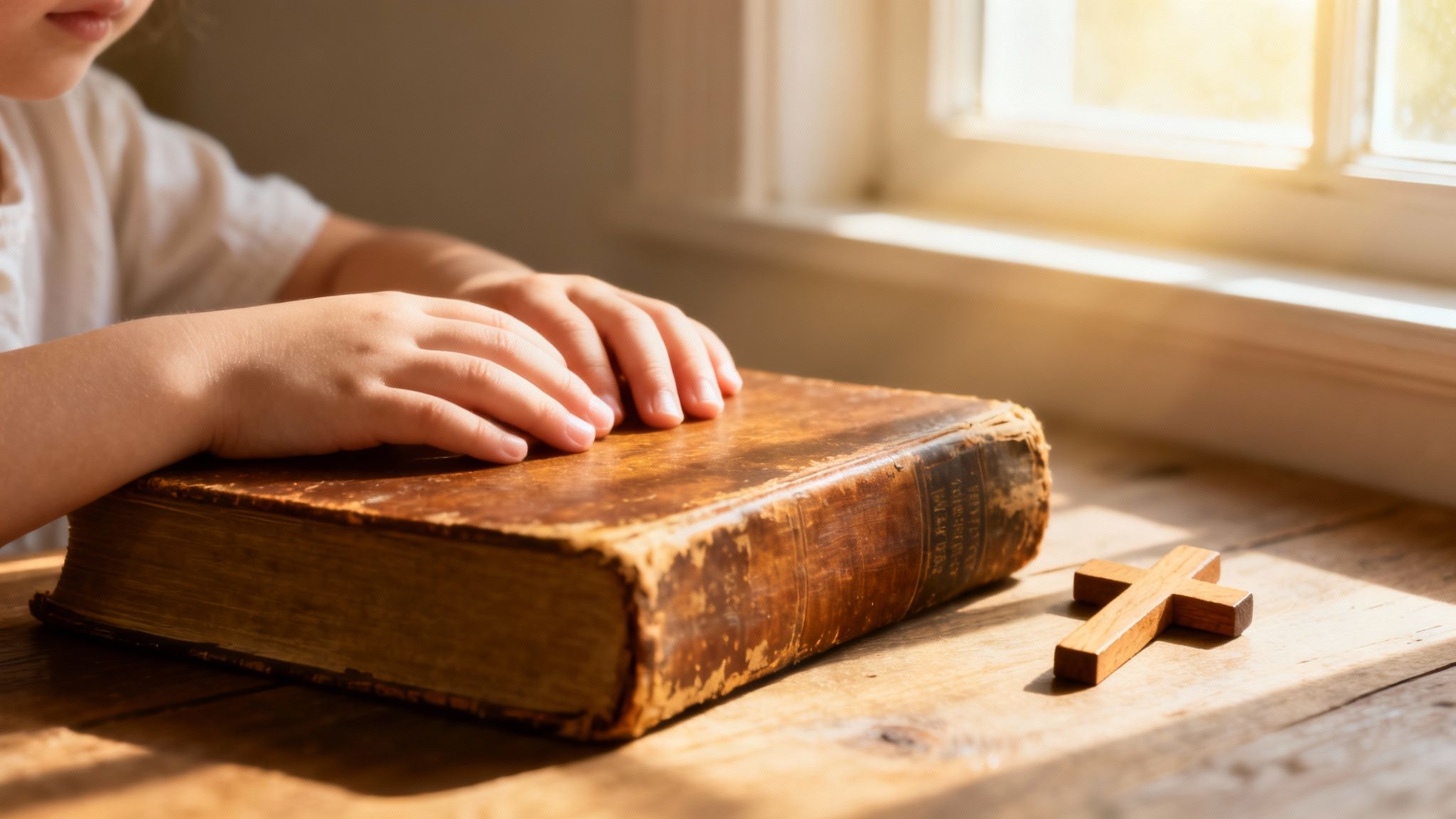 Les mains d'un enfant reposent doucement sur une vieille Bible, une croix en bois se trouvant à proximité, baignée de soleil.