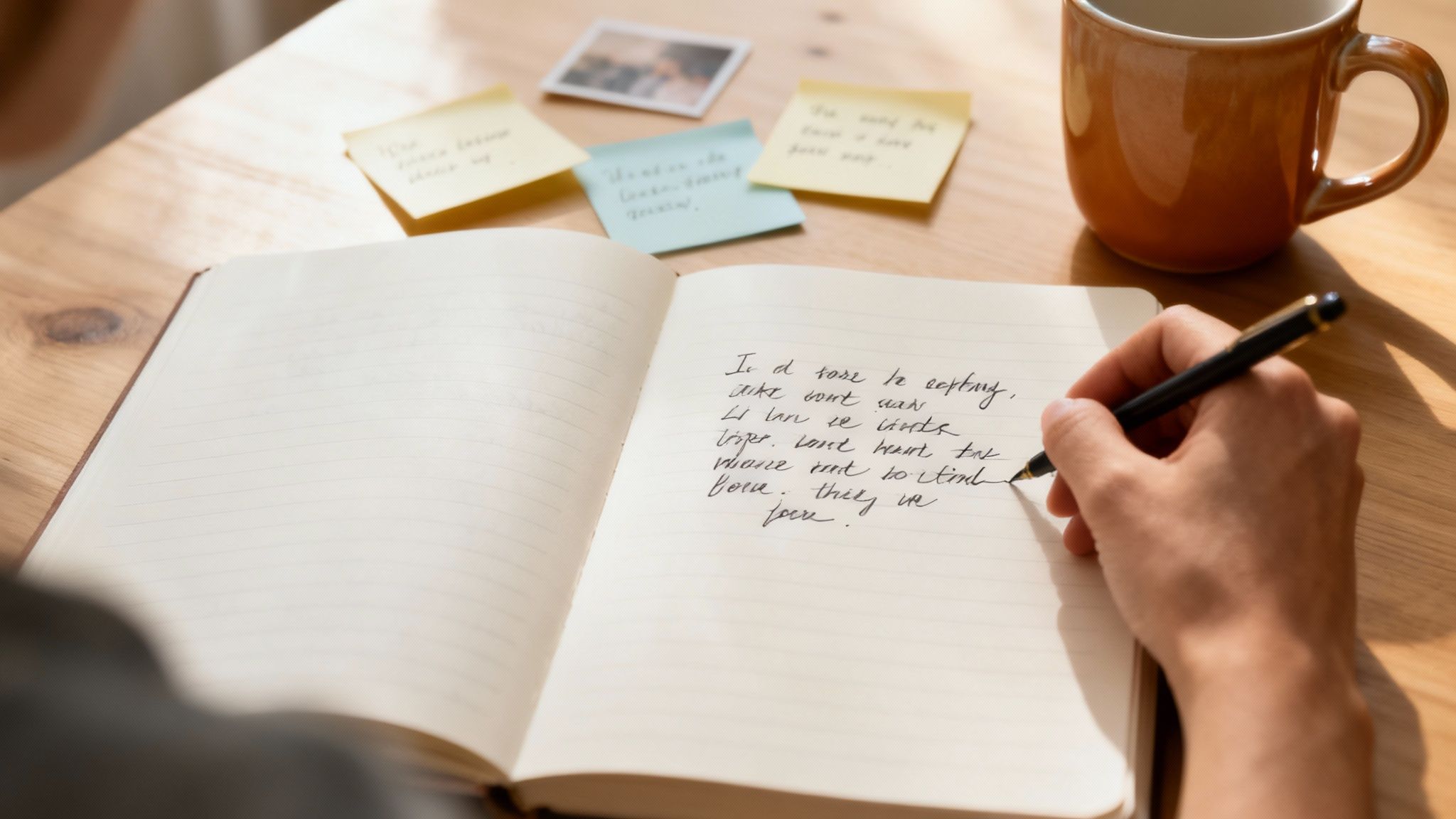 A person writing song lyrics in a notebook with a guitar nearby