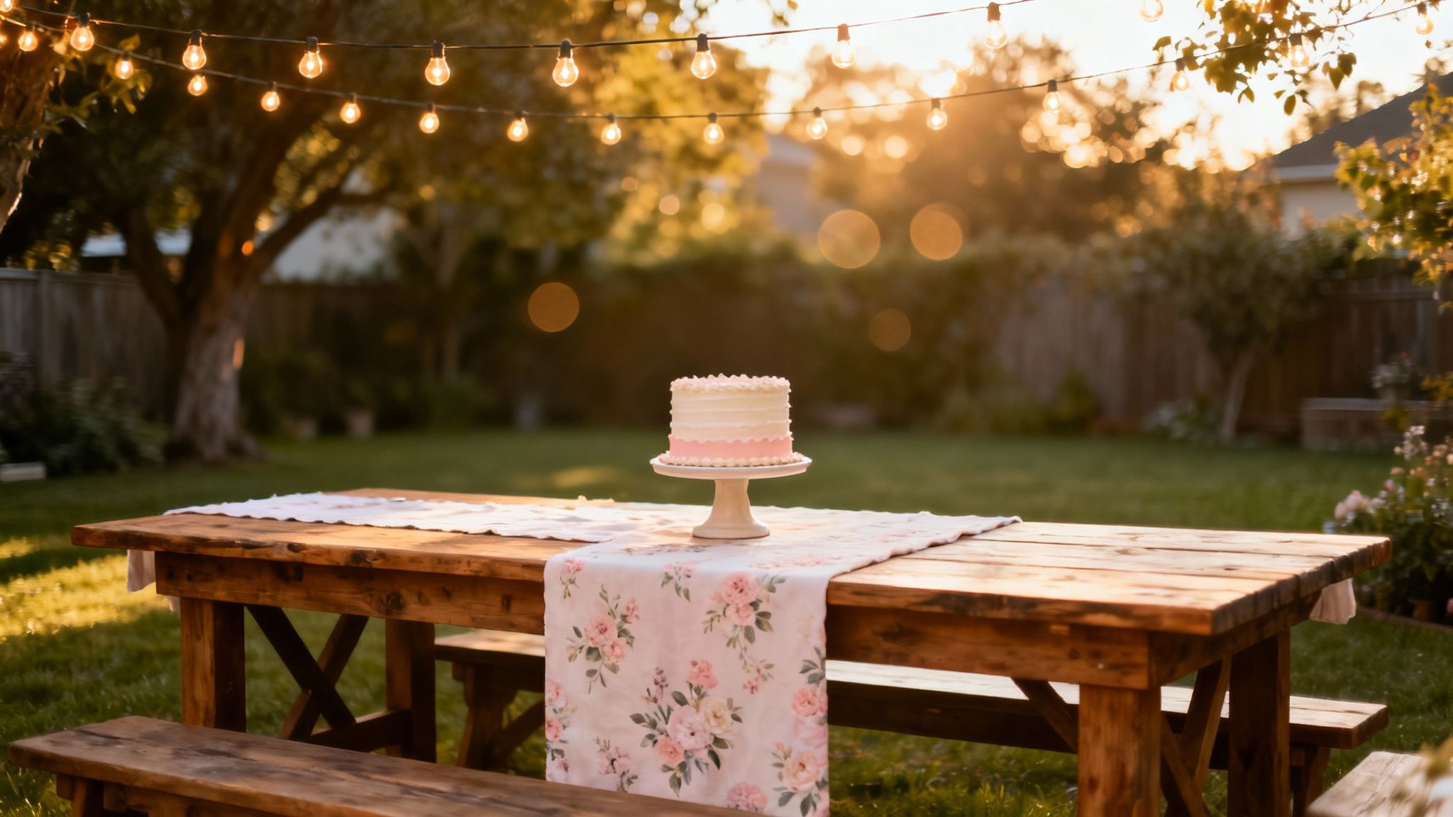 A festive backyard scene with string lights, a wooden picnic table, and a pink birthday cake at sunset.