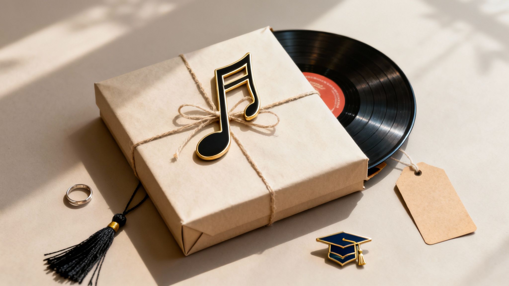 Eine wunderschön verpackte Geschenkbox mit einer Musiknote, einer Schallplatte, einem Ring, einer Quaste und einer Absolventenmütze.