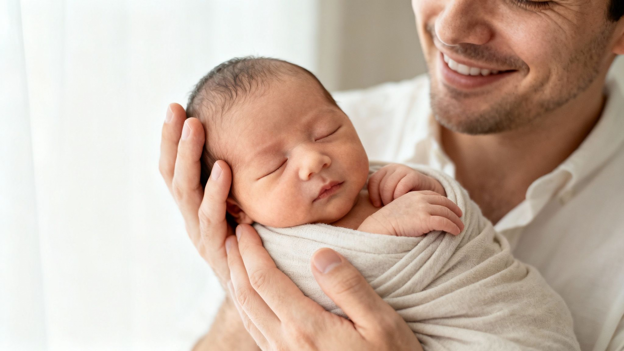 Un père souriant tient doucement son nouveau-né endormi, emmailloté dans une couverture beige clair.