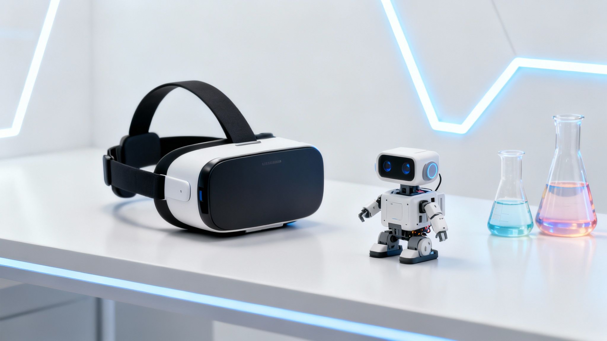 A white virtual reality headset, a small robot, and two chemical beakers with colorful liquids on a modern desk.