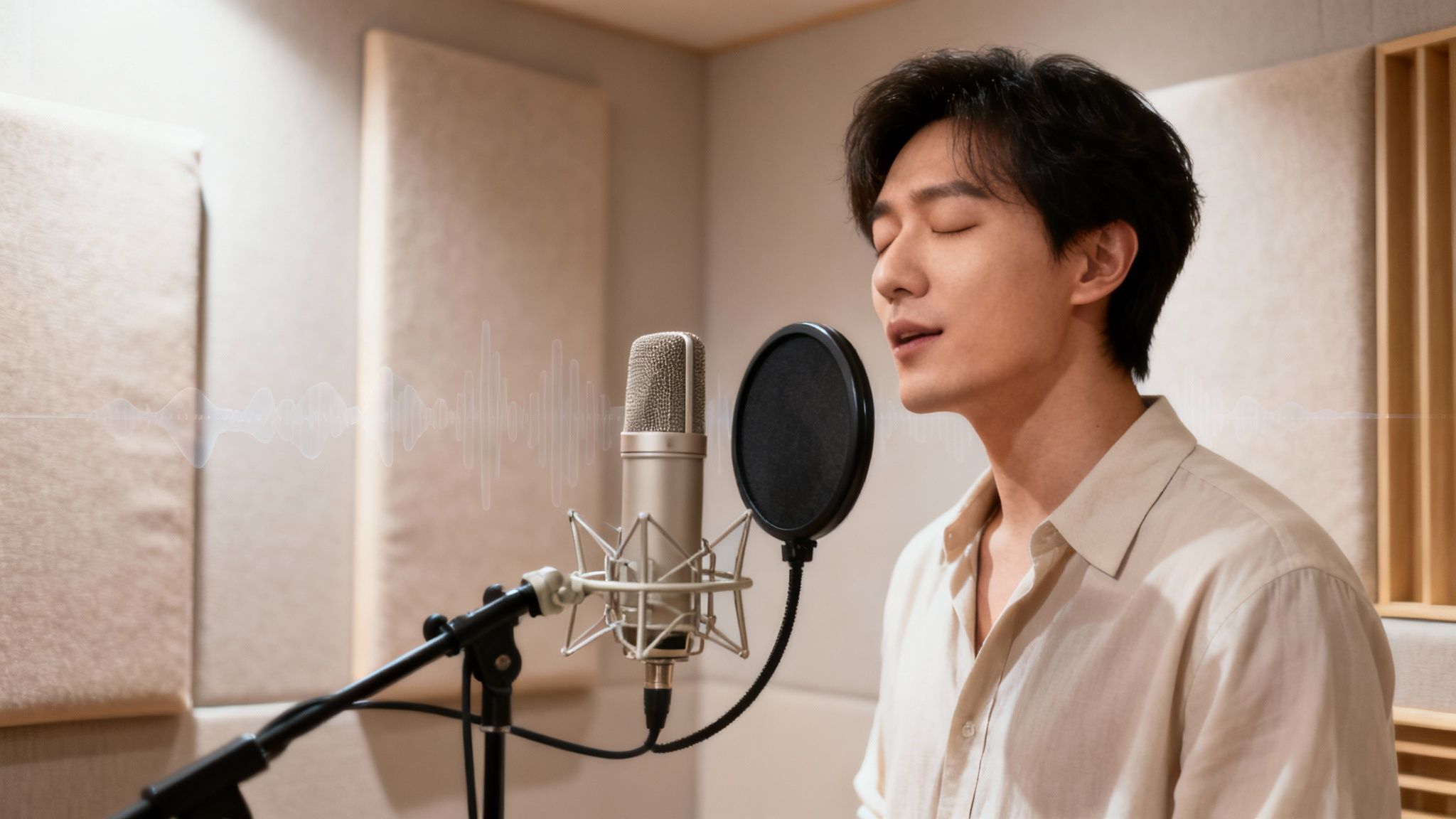 Ein asiatischer Mann singt mit geschlossenen Augen leidenschaftlich in ein Studiomikrofon, wobei Schallwellen sichtbar sind.