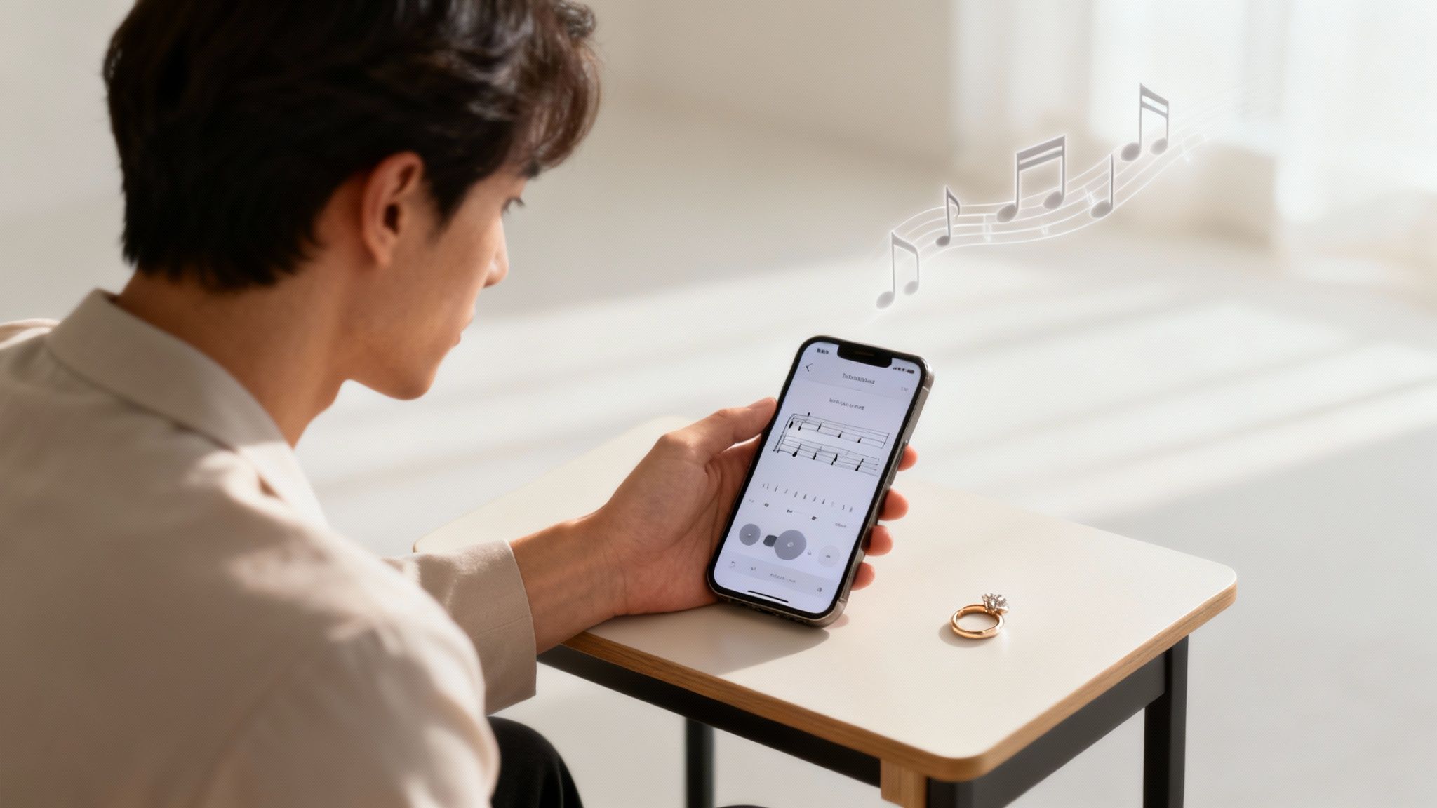 A man looks at a smartphone displaying musical notes, with a diamond ring on a table.