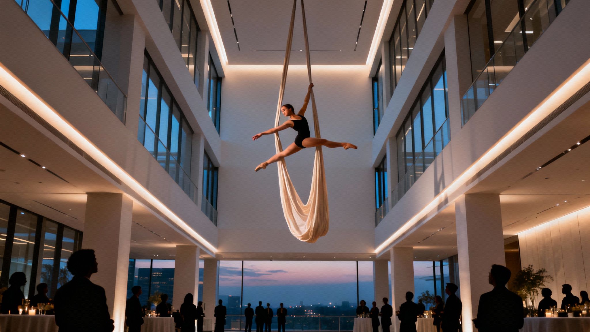 Aerial silk performer entertains guests at elegant corporate event in modern atrium