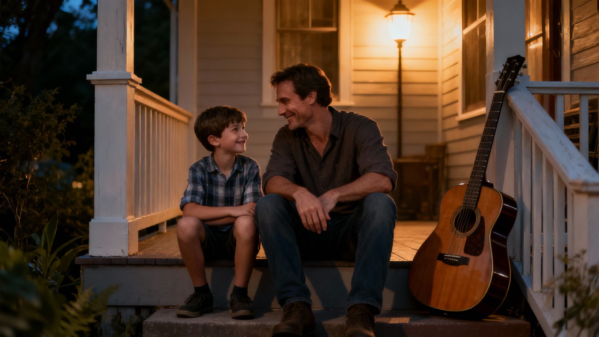 Un père et son fils, heureux, se sourient, assis sur une véranda confortable le soir, une guitare acoustique à proximité.
