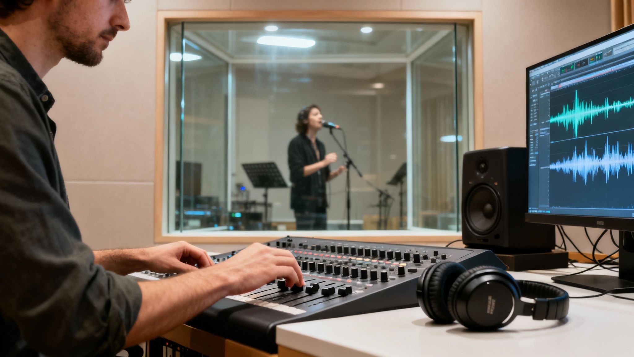 Ein Toningenieur justiert das Mischpult in einem Aufnahmestudio, während sich eine Sängerin in der Gesangskabine befindet.