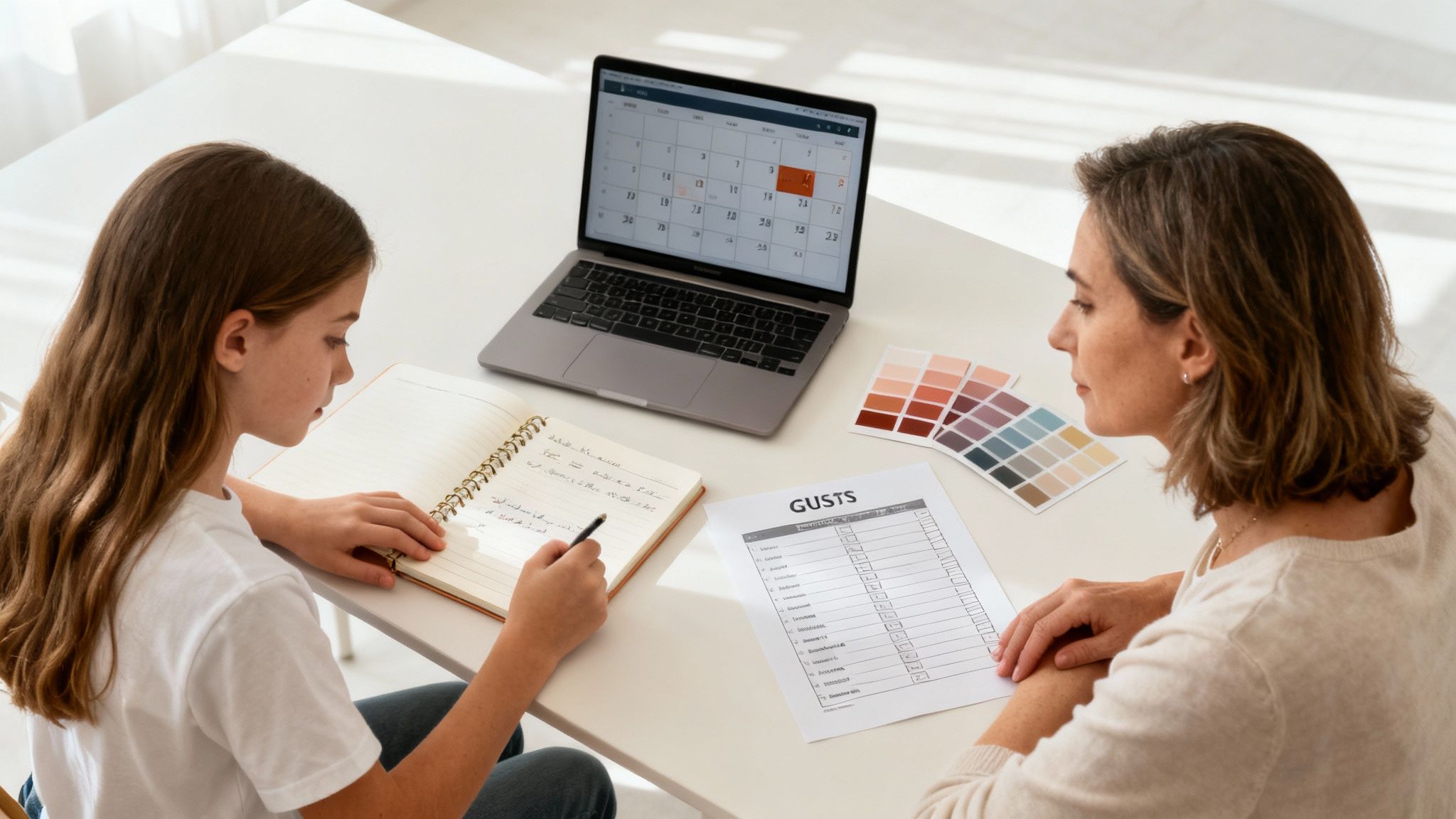 Two women collaboratively planning, using a laptop calendar, notebook, and a GUSTS checklist on a white table.