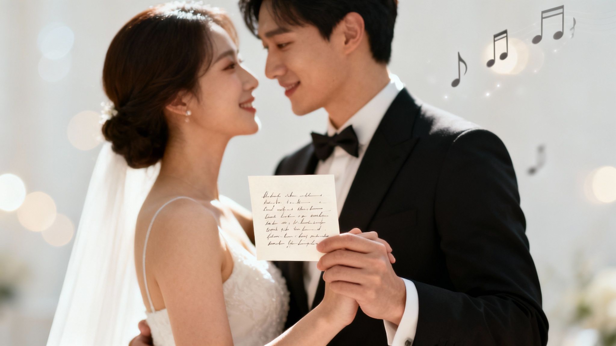 Hochzeitspaar hält handgeschriebene Liedtexte