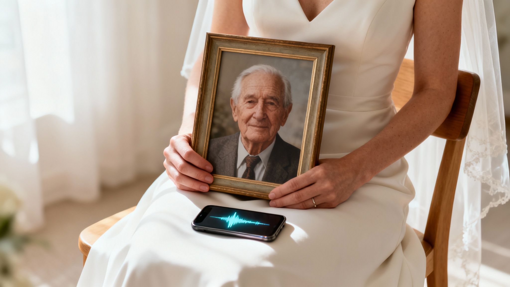 A bride in a white dress holds a framed photo of an elderly man, with a phone displaying a voice waveform on her lap.