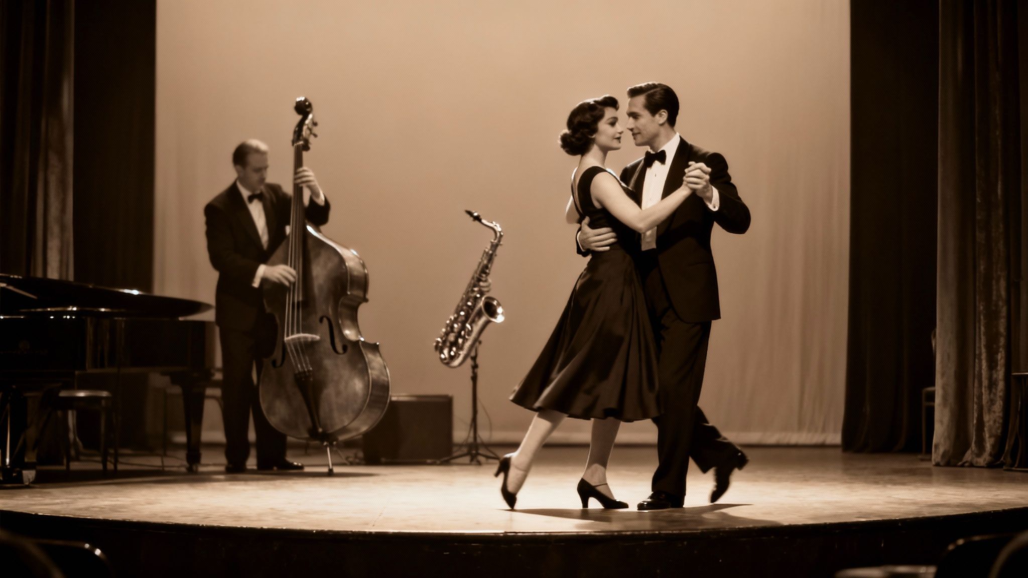 A couple elegantly dances on a stage, with a bassist and saxophone player in the background.
