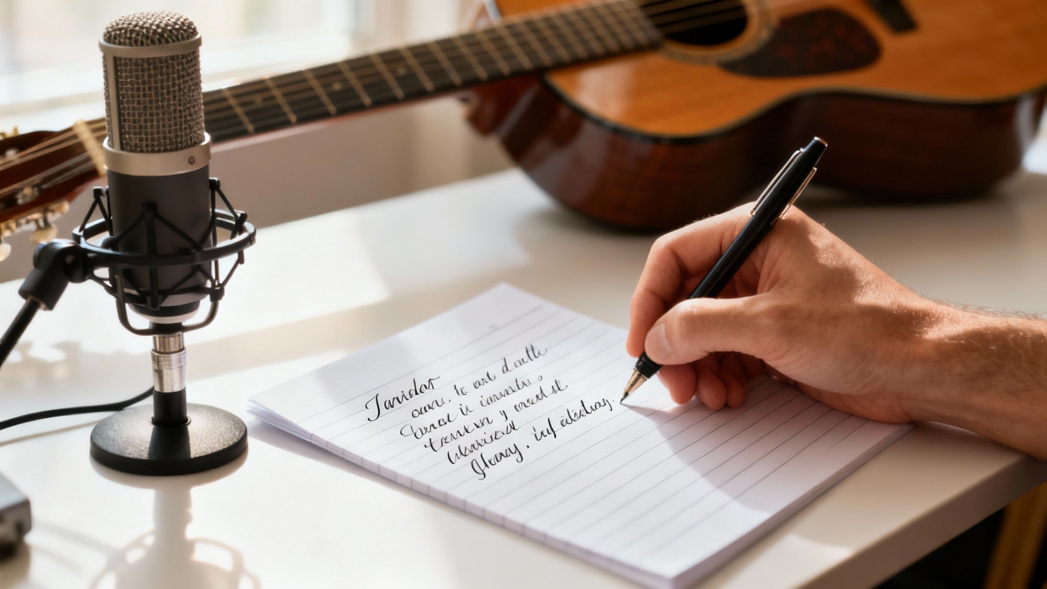 A person writes lyrics on a notepad with a microphone and acoustic guitar in a creative setting.