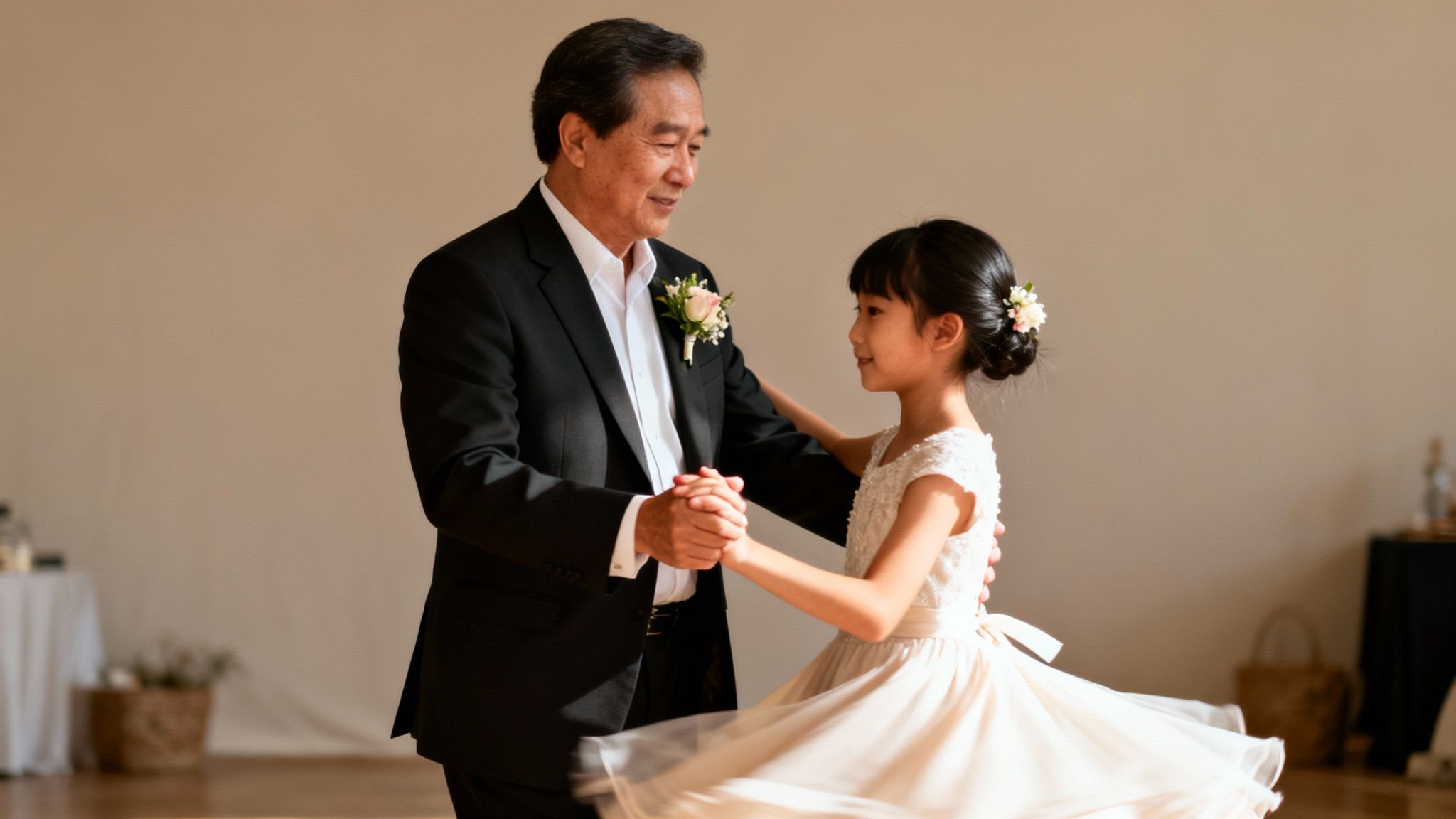 A smiling older Asian man in a suit dances with a young Asian girl in a white dress.