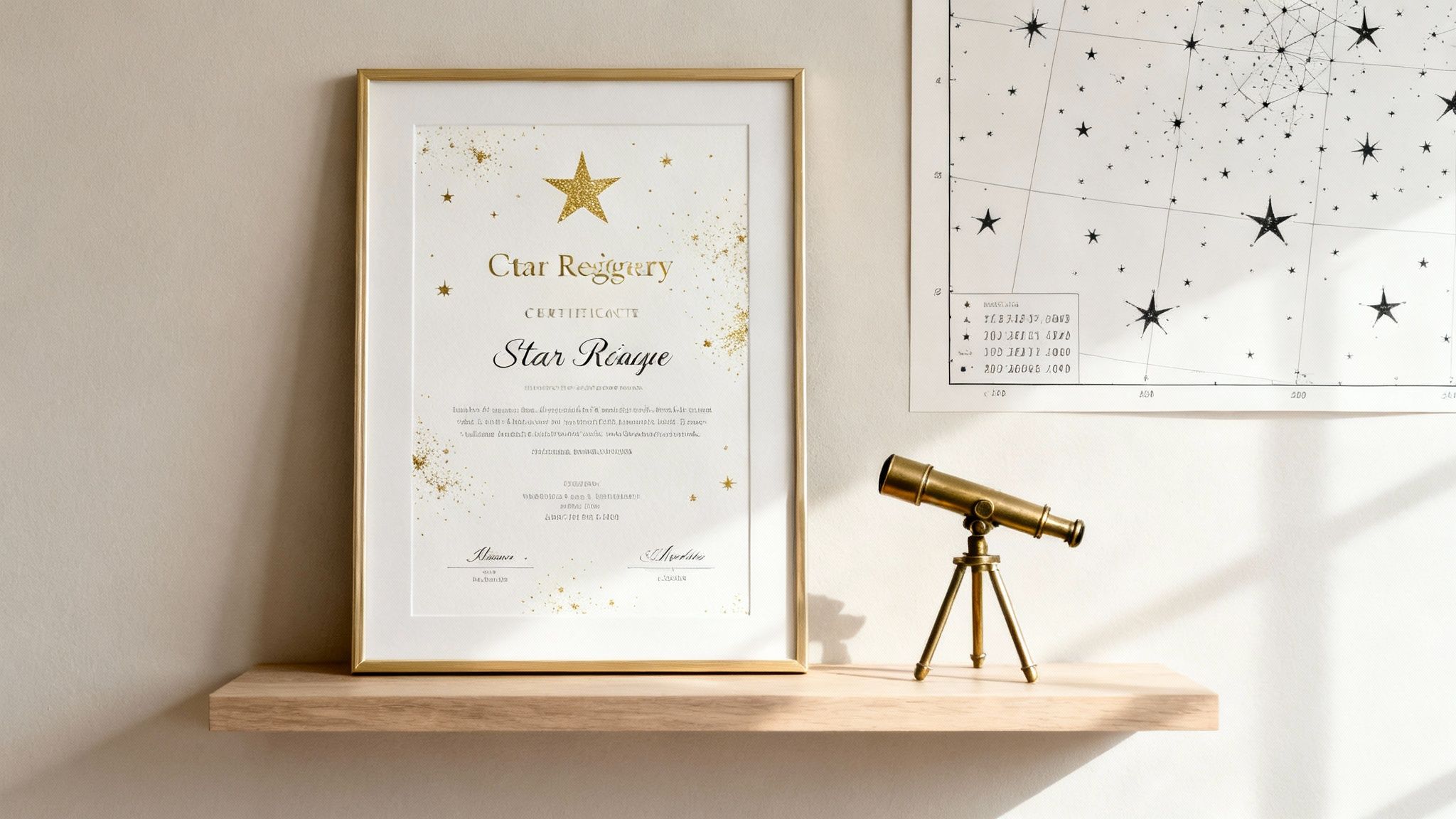 Framed star registry certificate with gold accents displayed next to brass telescope on wooden shelf