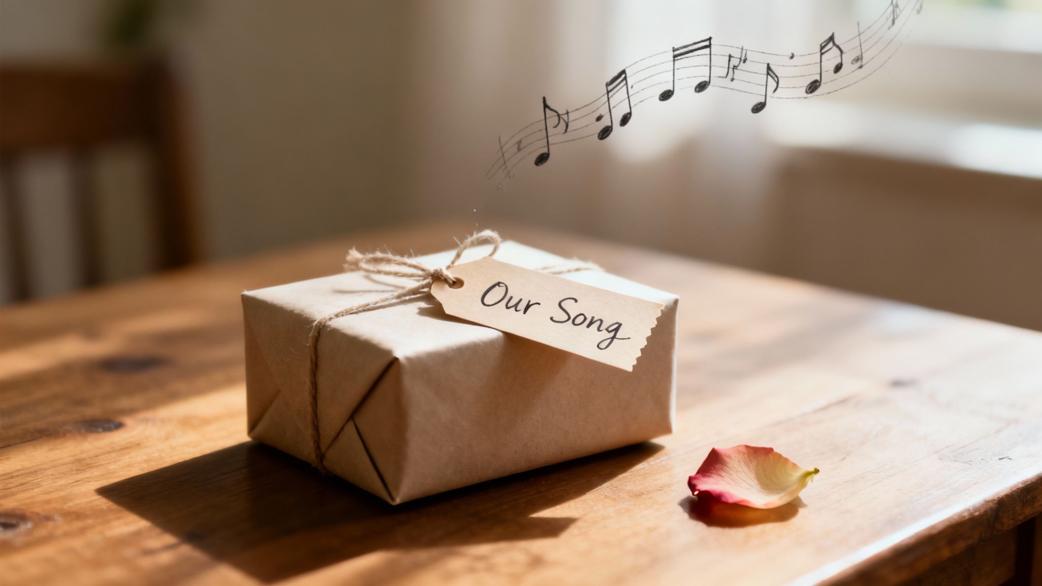 A husband giving his wife a heartfelt gift in a beautifully lit room.