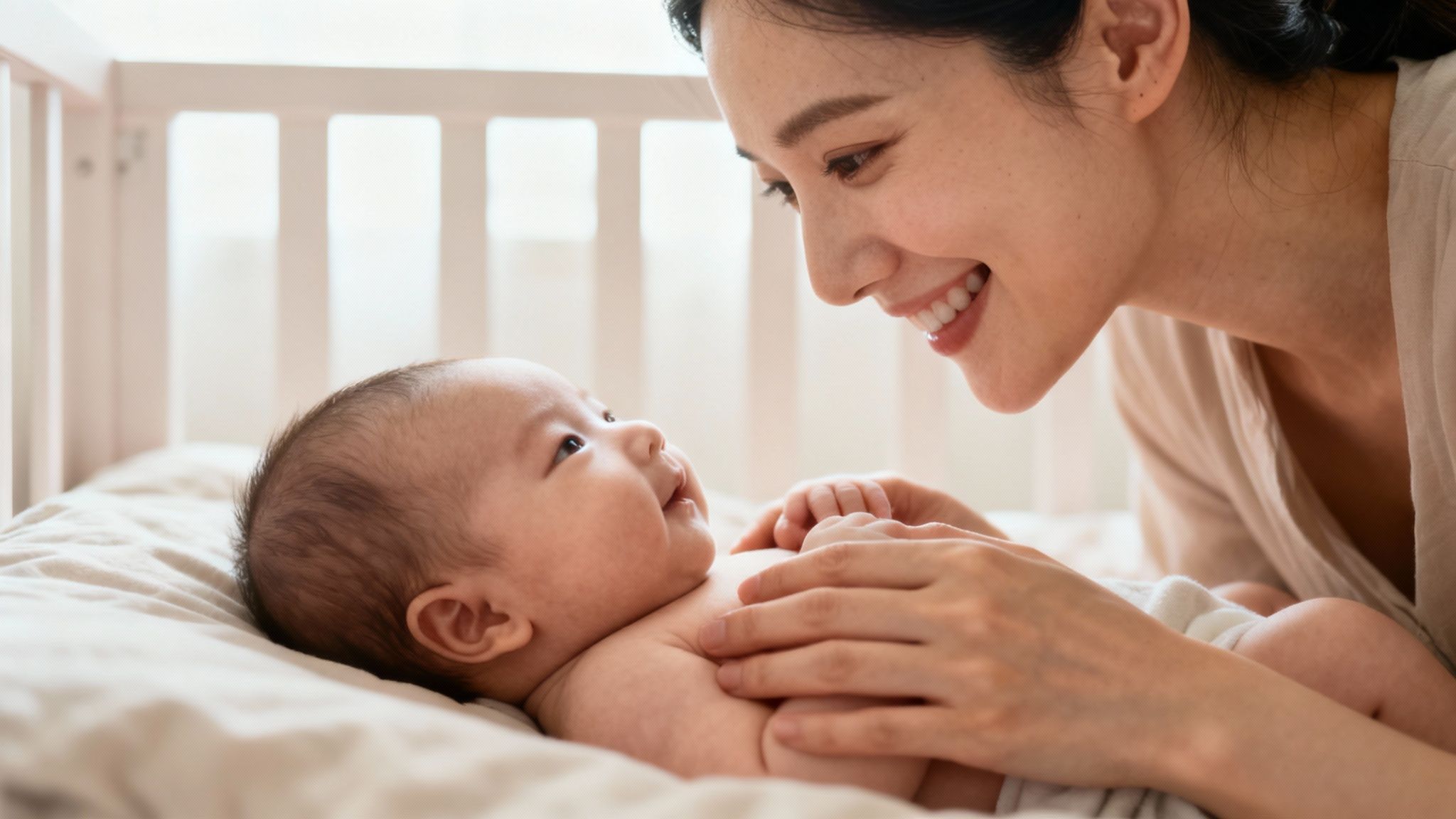 A loving Asian mother smiles warmly at her baby lying in a crib, gently touching its chest.