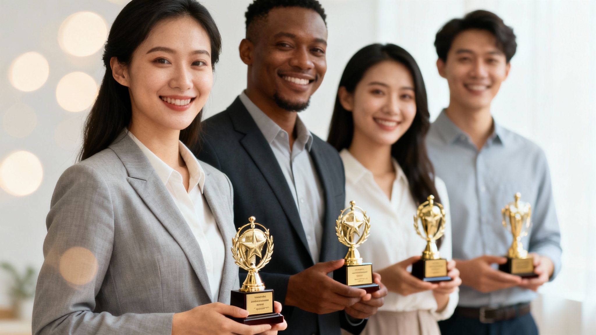 Une équipe d'entreprises aux profils variés, souriante et brandissant des trophées dorés, célèbre sa réussite dans un cadre de bureau.