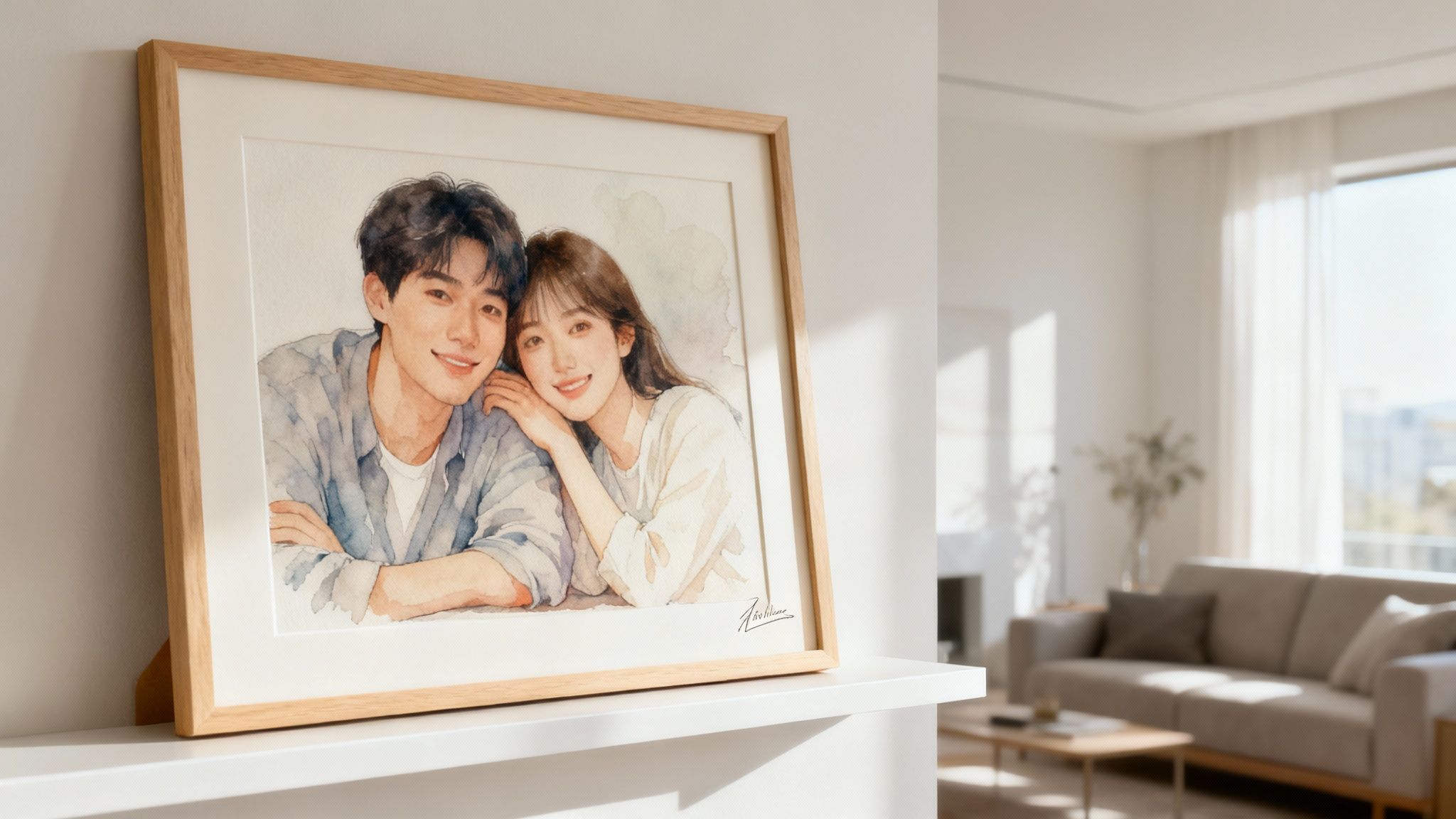 Framed watercolor portrait of couple displayed on white shelf in modern living room interior