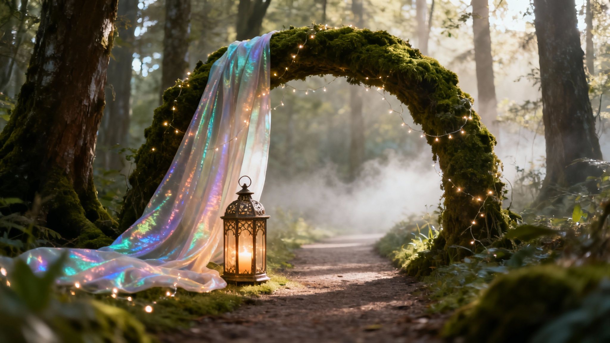 A magical forest path with a moss arch, twinkling lights, flowing iridescent fabric, and a lit lantern.