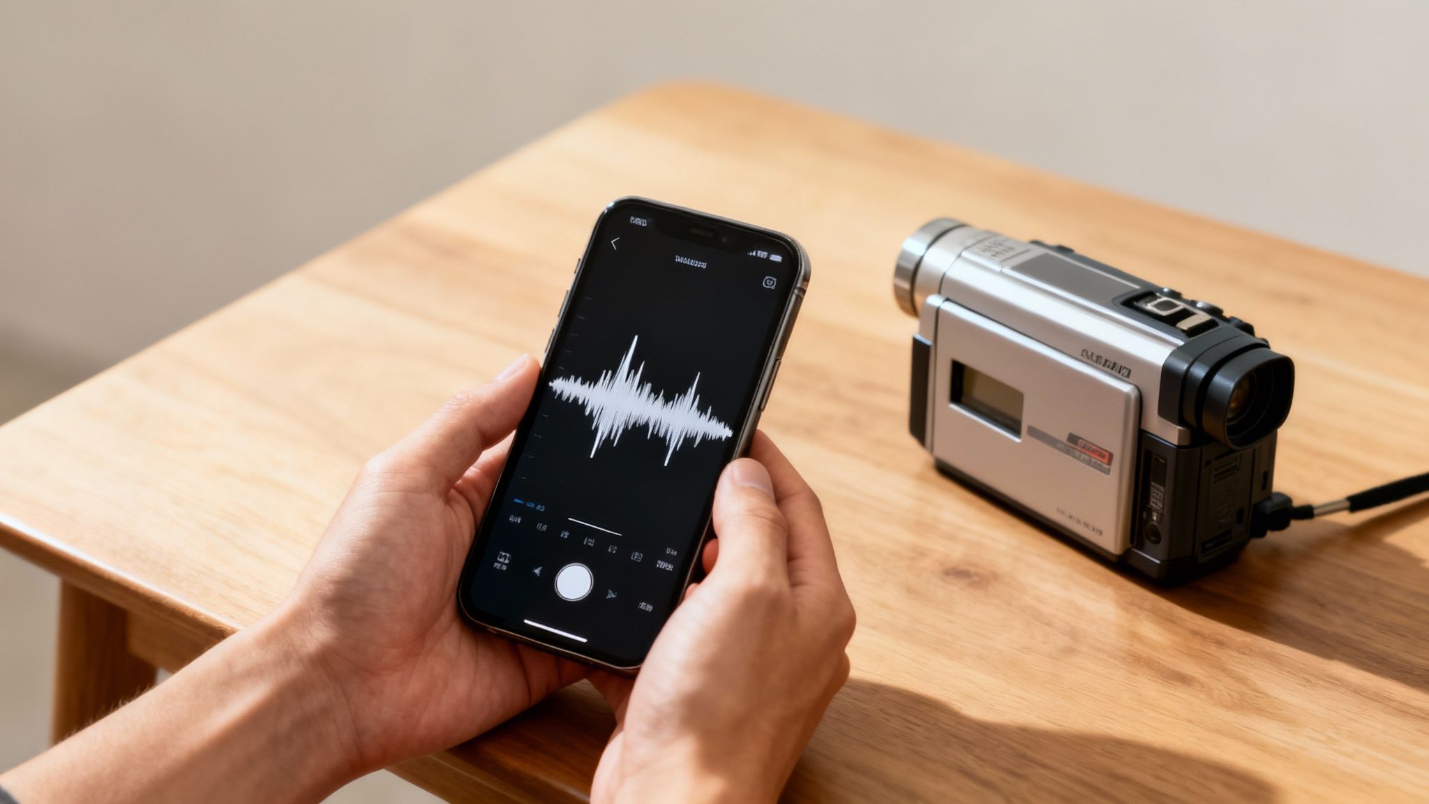 Hands hold a smartphone displaying a sound wave, next to a vintage camcorder on a wooden table.
