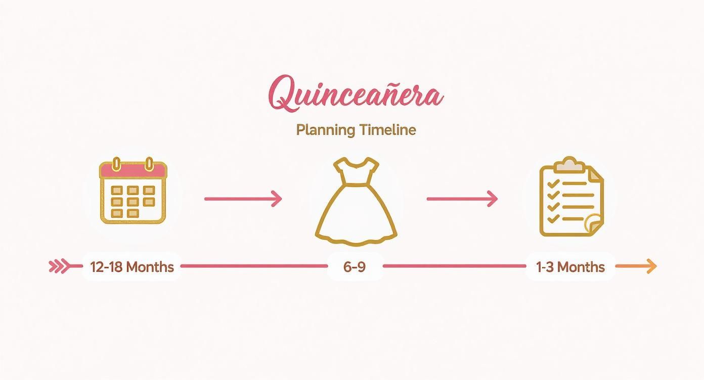 A Quinceañera planning timeline showing three key stages: 12-18 months, 6-9 months, and 1-3 months.