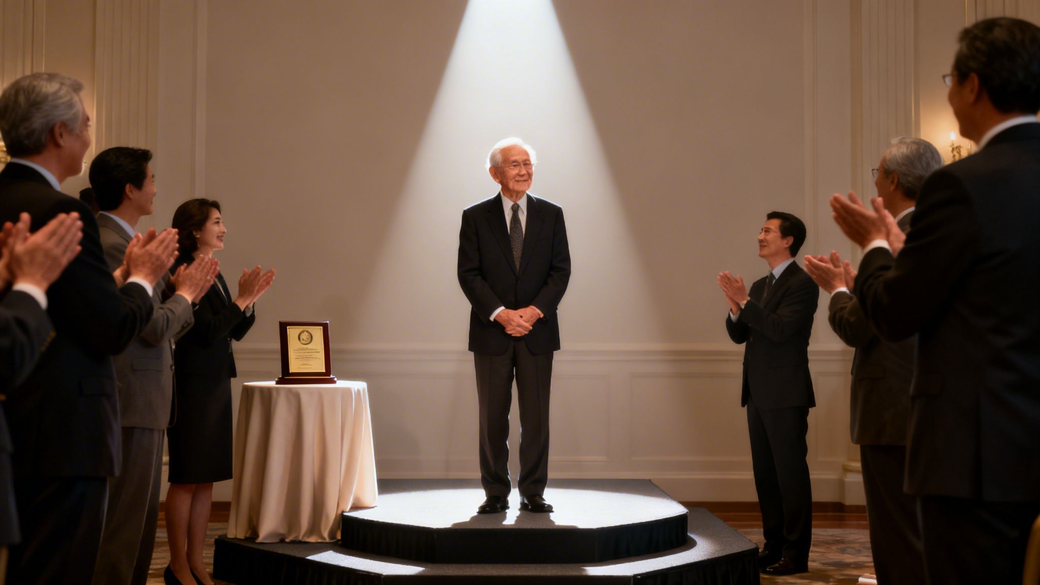 Ein älterer Herr im Anzug steht auf einer angestrahlten Bühne und erhält Applaus von den Teilnehmern einer formellen Veranstaltung.