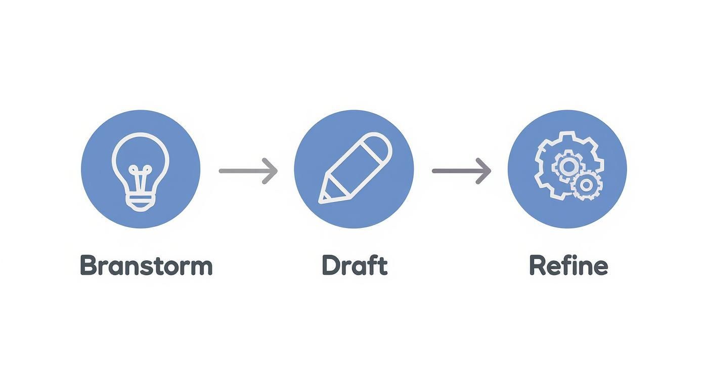 An infographic showing the process flow of crafting lyrics, with icons for brainstorming, drafting, and refining.