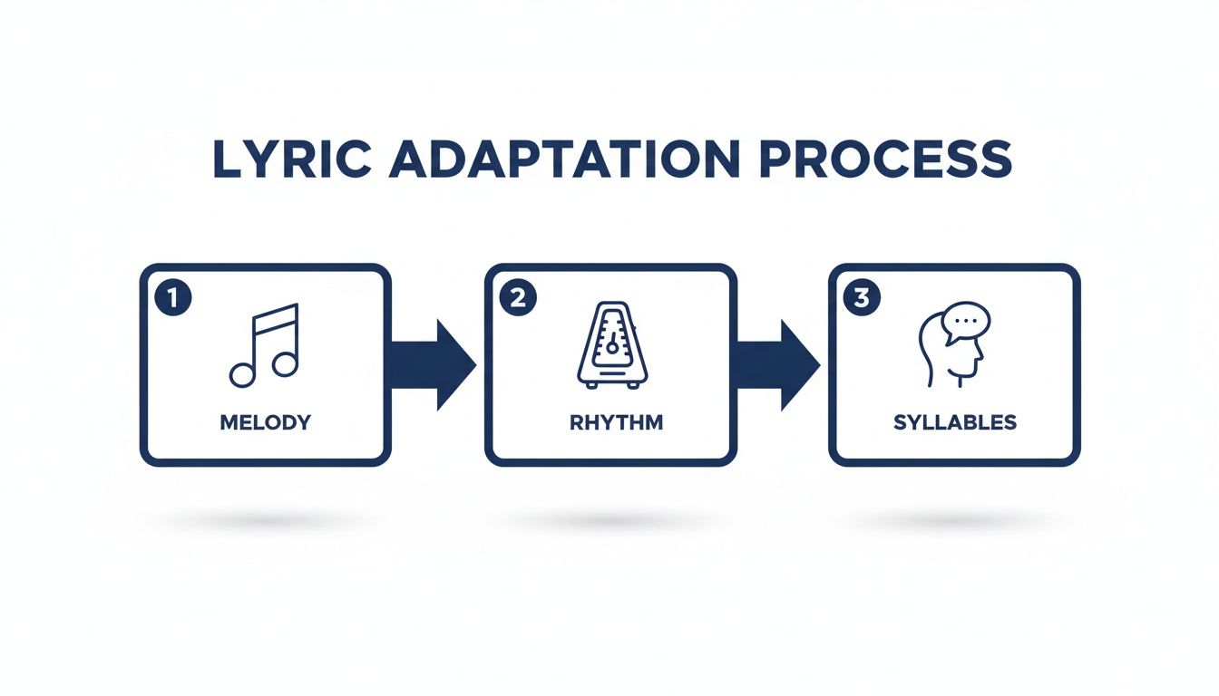A diagram illustrating the lyric adaptation process, showing three steps: melody, rhythm, and syllables.