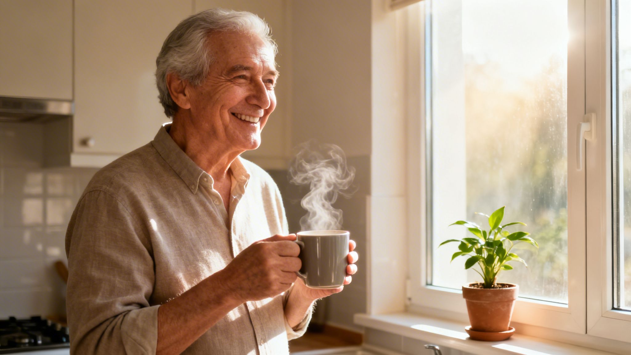 Ein lächelnder älterer Herr genießt ein heißes Getränk in einer hellen Küche und schaut aus dem Fenster.