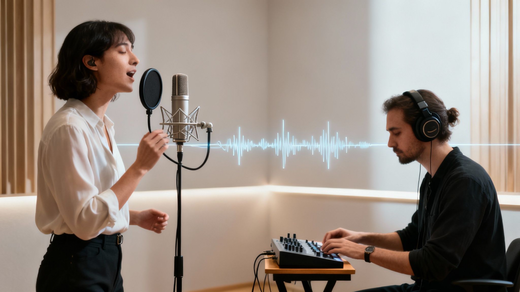 A woman sings into a studio microphone while a man mixes music in a modern recording studio, with a sound wave.