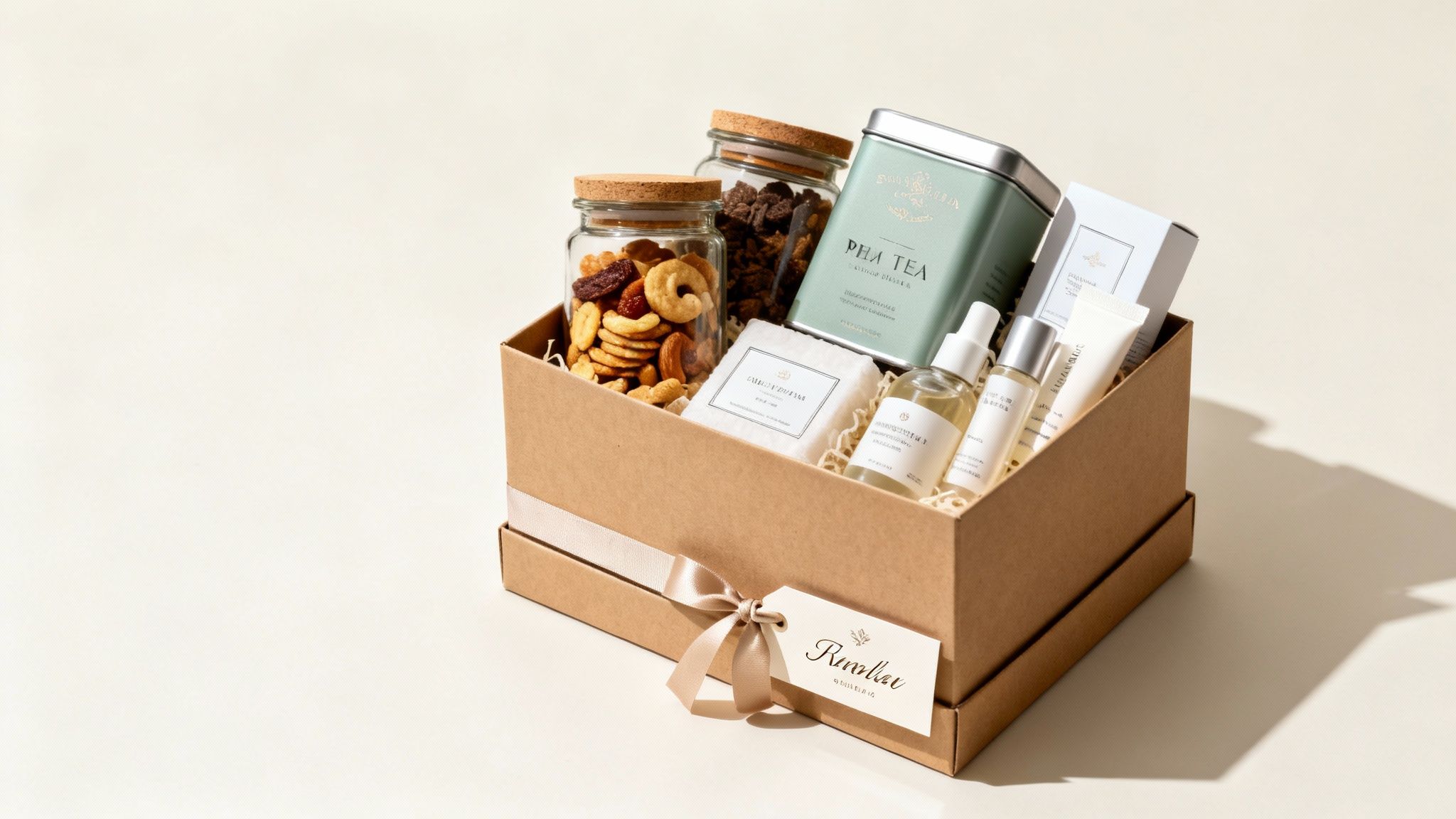 A thoughtfully curated brown gift box filled with snacks, tea, and various self-care products.