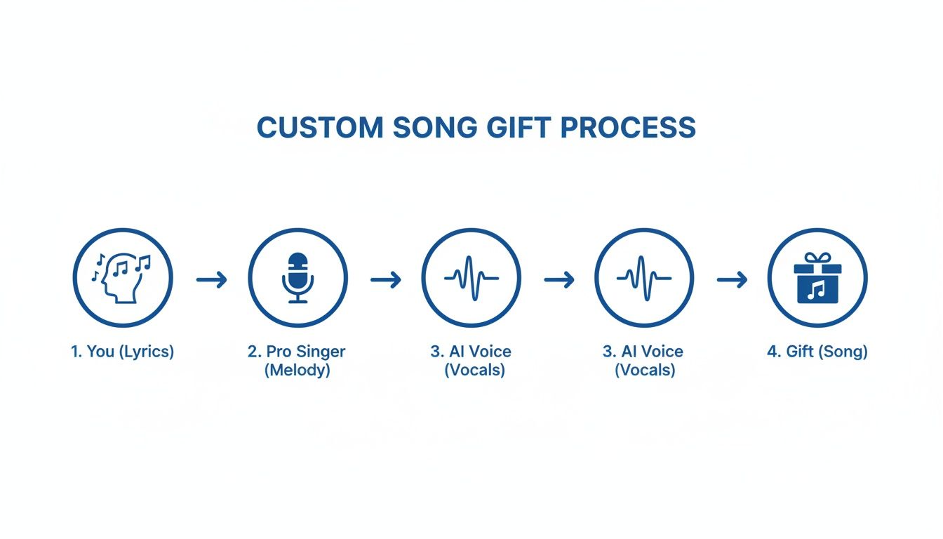 Ein Diagramm, das den Prozess der Erstellung eines individuellen Musikgeschenks veranschaulicht und die einzelnen Schritte vom Text bis zum fertigen Lied detailliert darstellt.